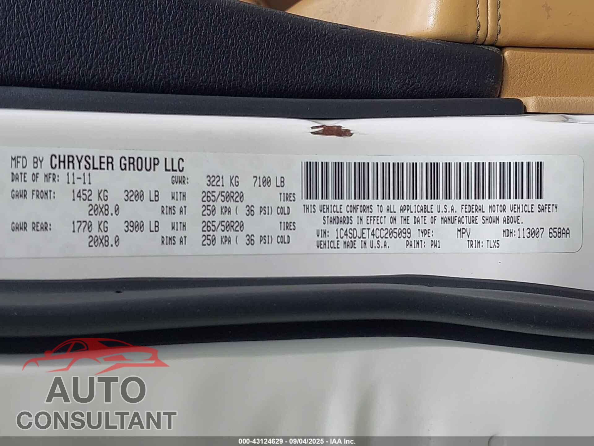 DODGE DURANGO 2012 - 1C4SDJET4CC205099