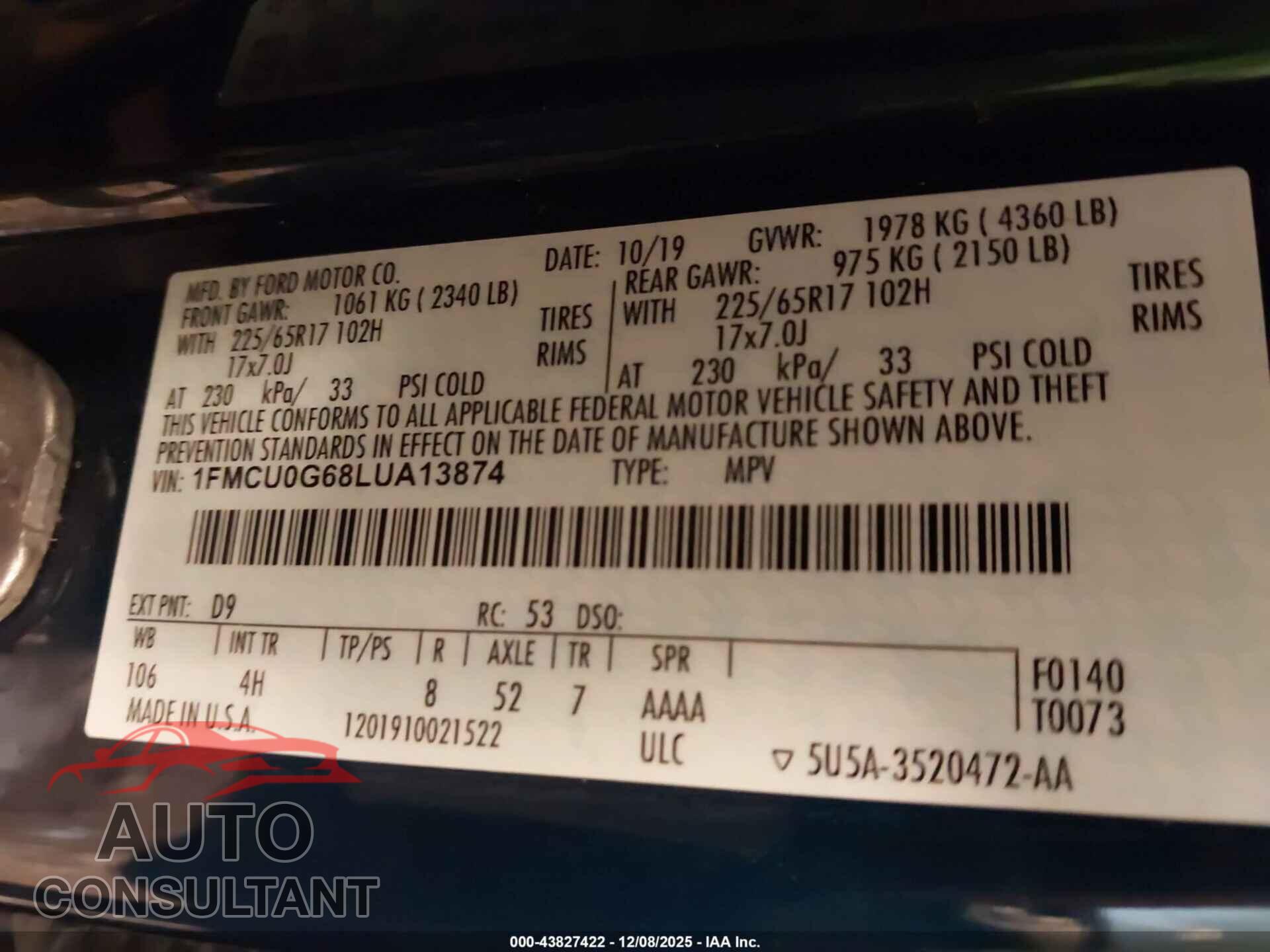FORD ESCAPE 2020 - 1FMCU0G68LUA13874