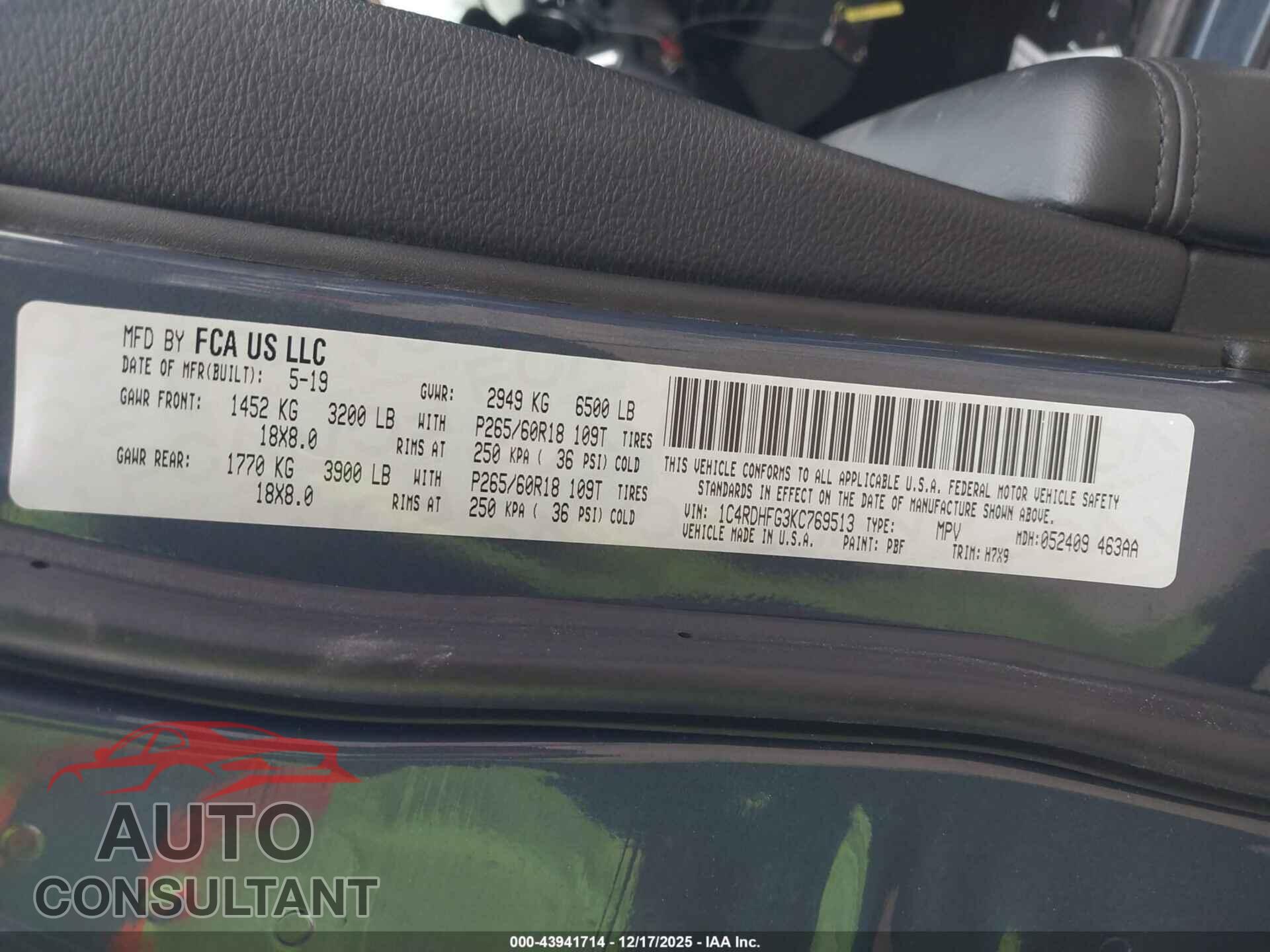 DODGE DURANGO 2019 - 1C4RDHFG3KC769513