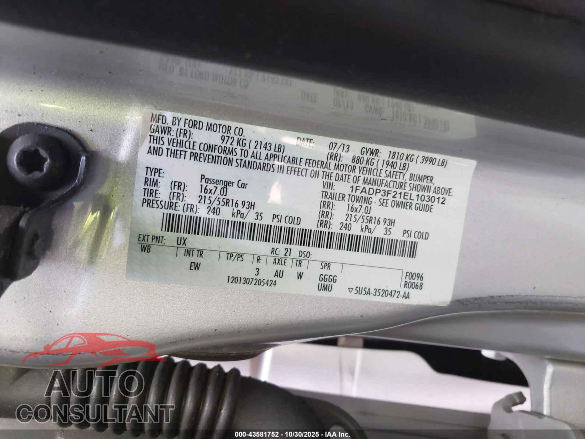 FORD FOCUS 2014 - 1FADP3F21EL103012
