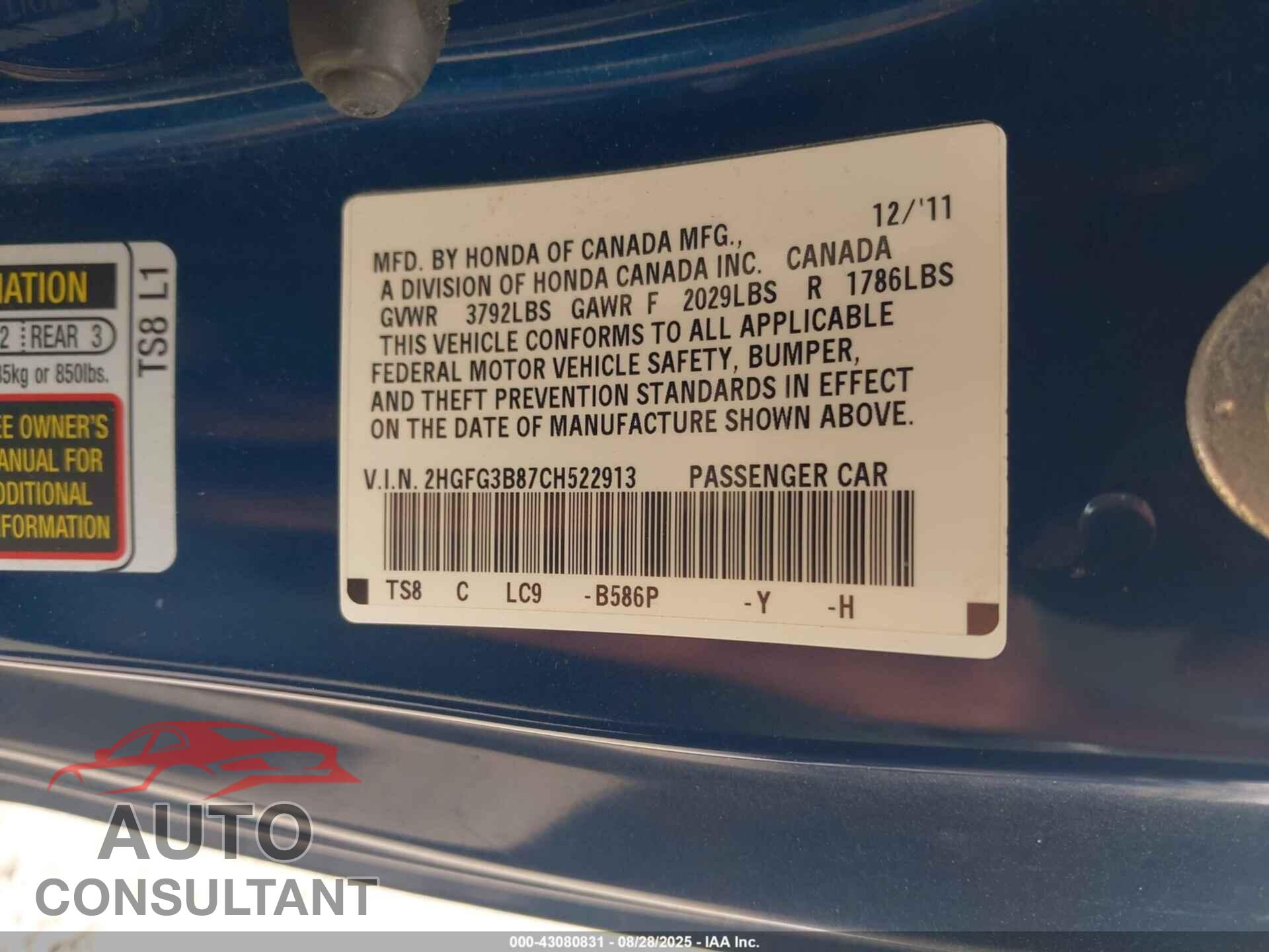HONDA CIVIC 2012 - 2HGFG3B87CH522913