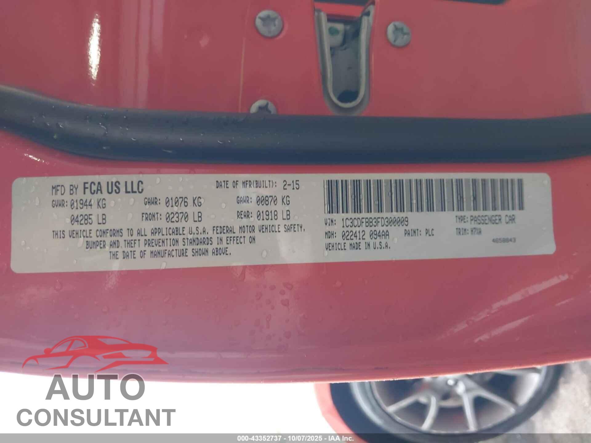 DODGE DART 2015 - 1C3CDFBB3FD300009