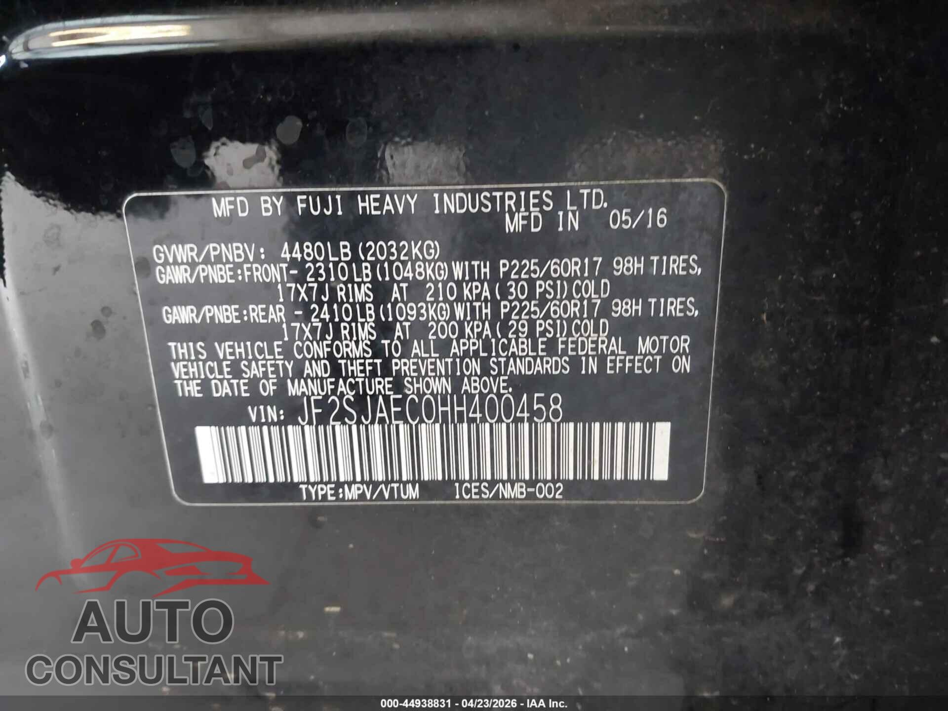 SUBARU FORESTER 2017 - JF2SJAEC0HH400458