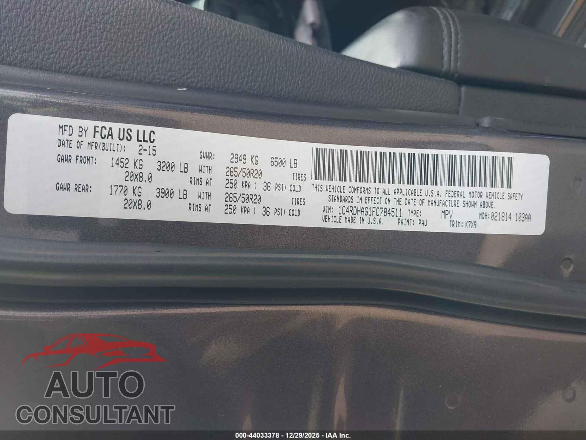 DODGE DURANGO 2015 - 1C4RDHAG1FC784511