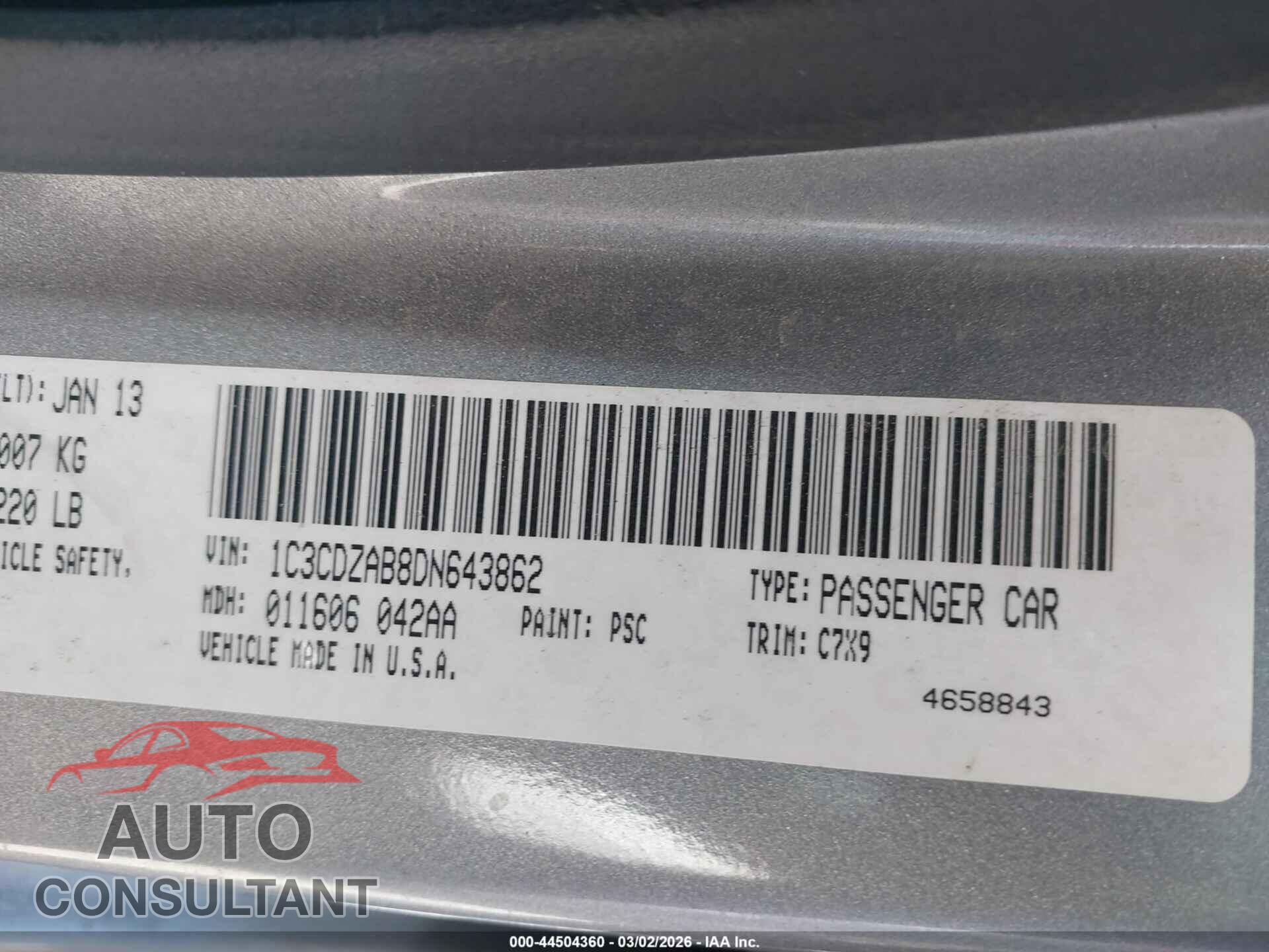 DODGE AVENGER 2013 - 1C3CDZAB8DN643862