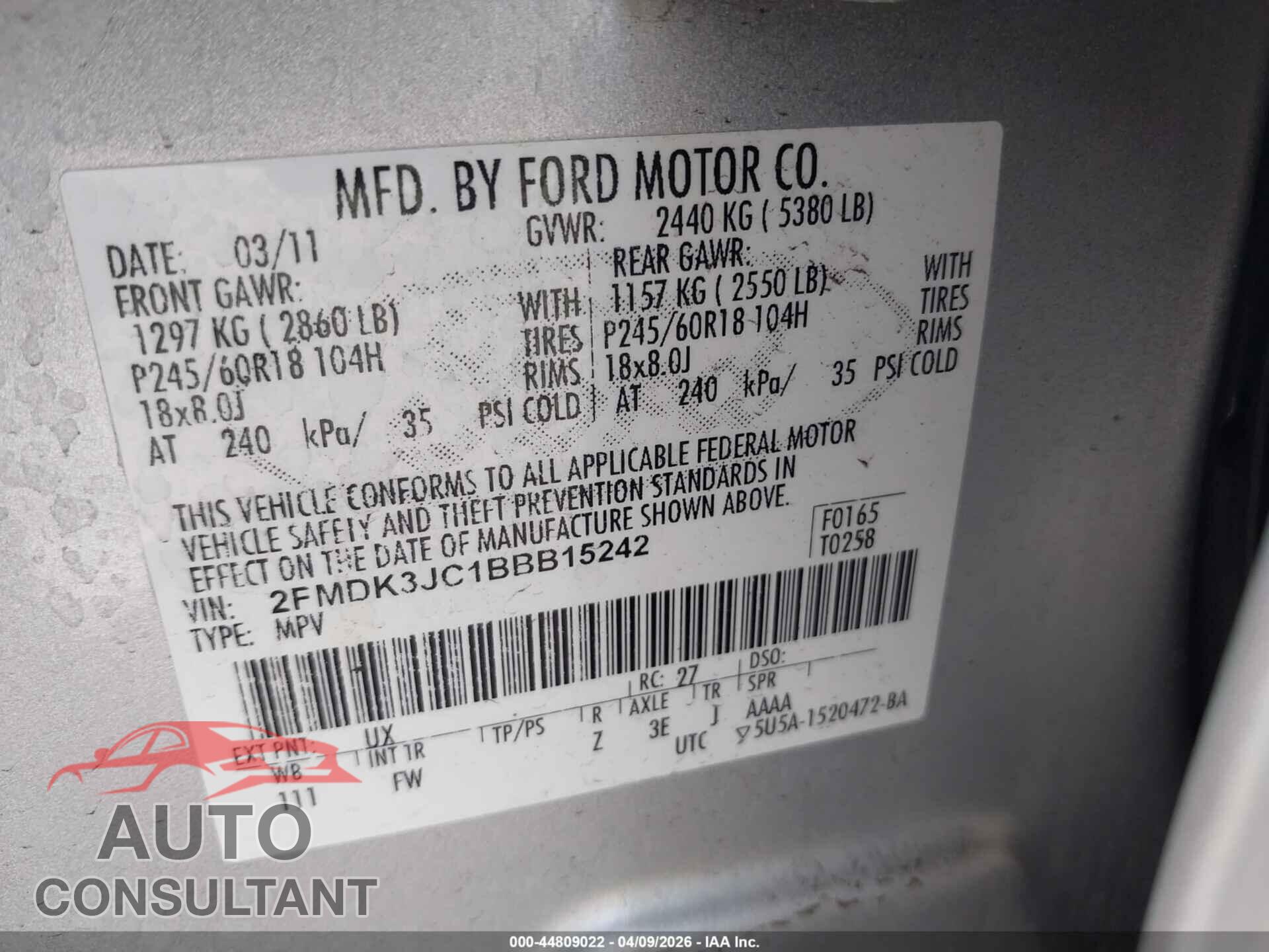FORD EDGE 2011 - 2FMDK3JC1BBB15242