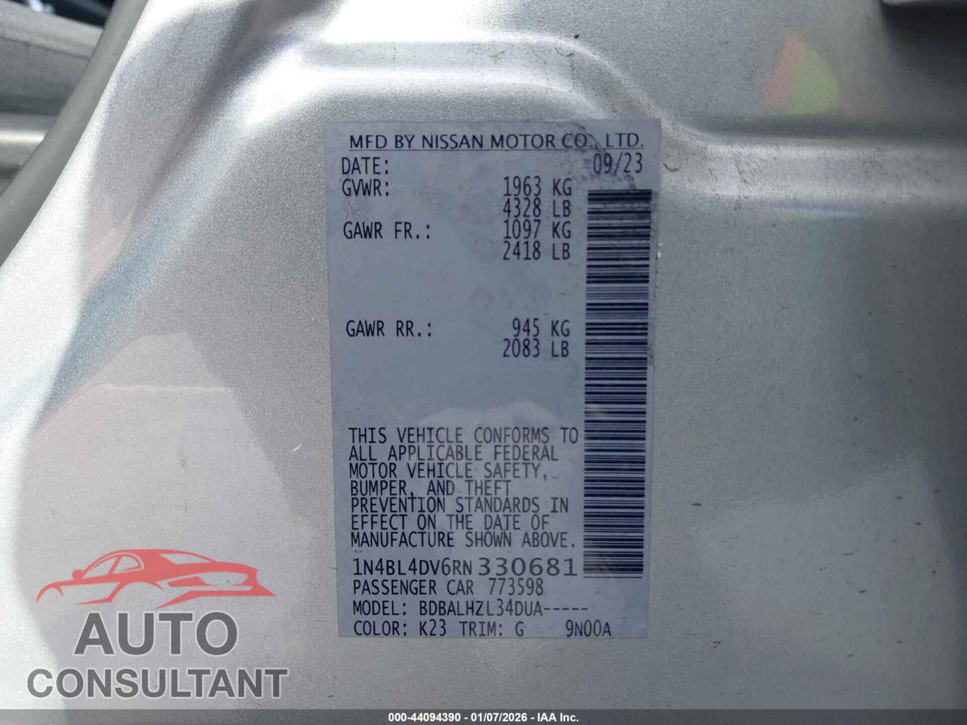 NISSAN ALTIMA 2024 - 1N4BL4DV6RN330681