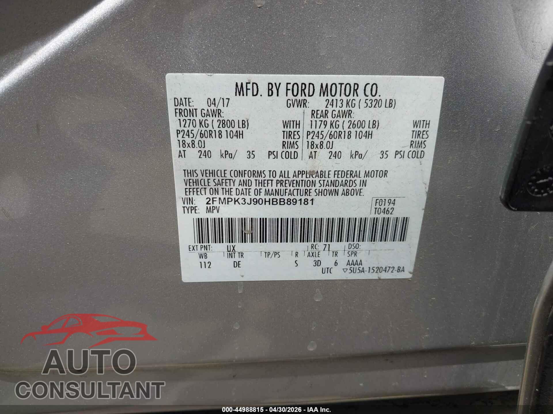 FORD EDGE 2017 - 2FMPK3J90HBB89181
