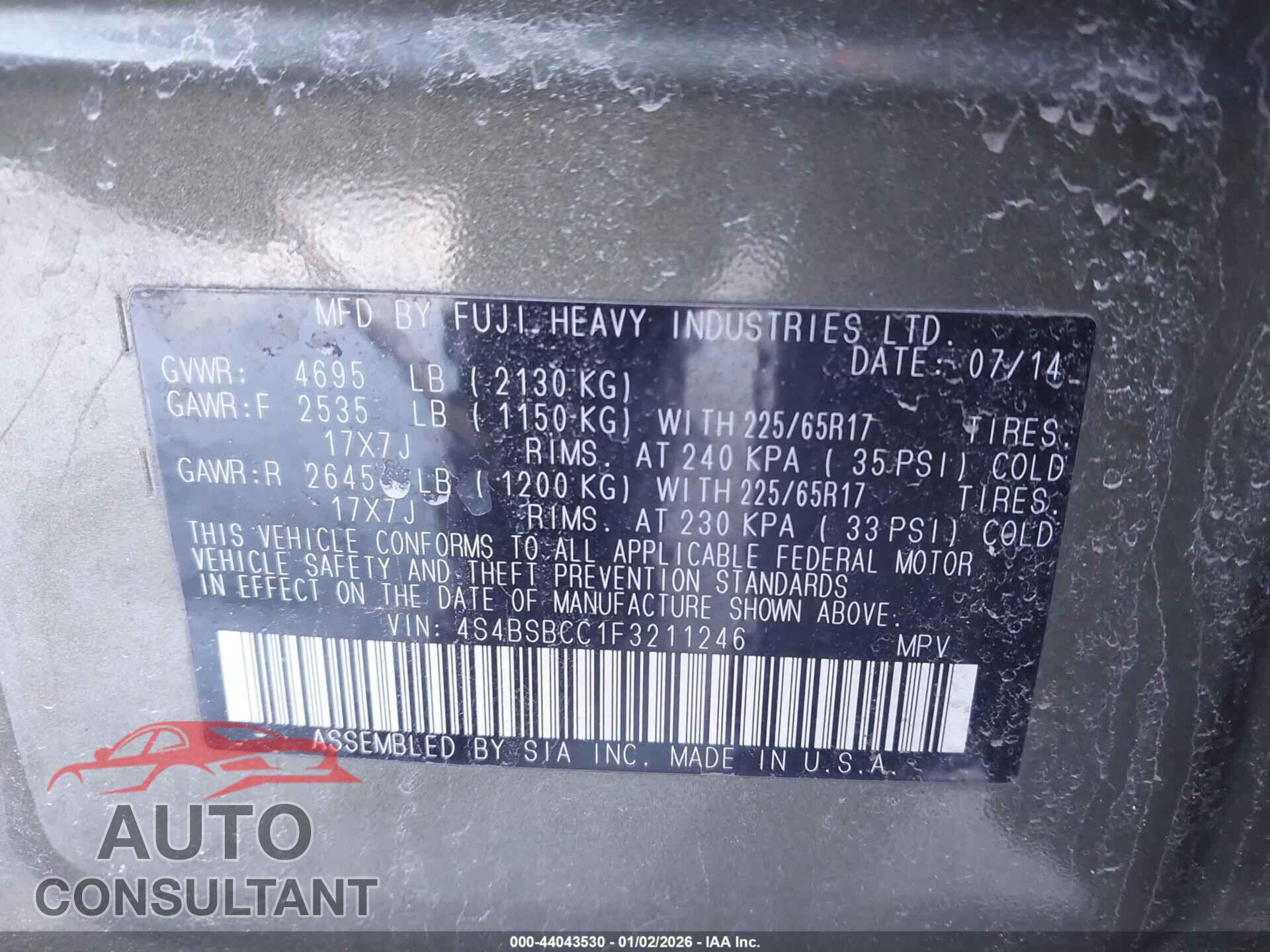 SUBARU OUTBACK 2015 - 4S4BSBCC1F3211246