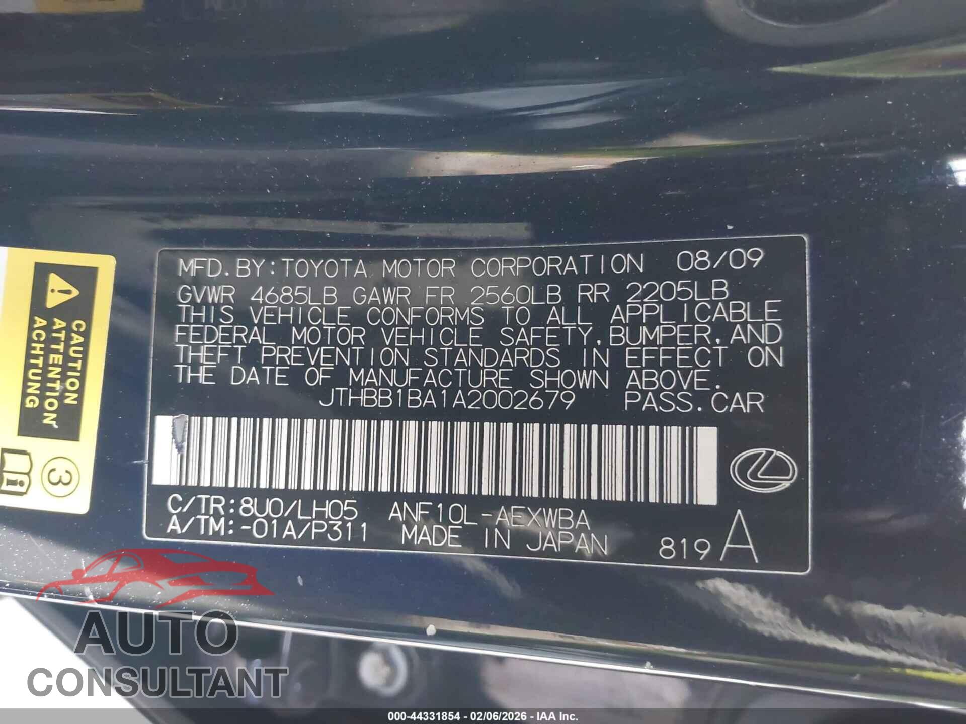 LEXUS HS 250H 2010 - JTHBB1BA1A2002679