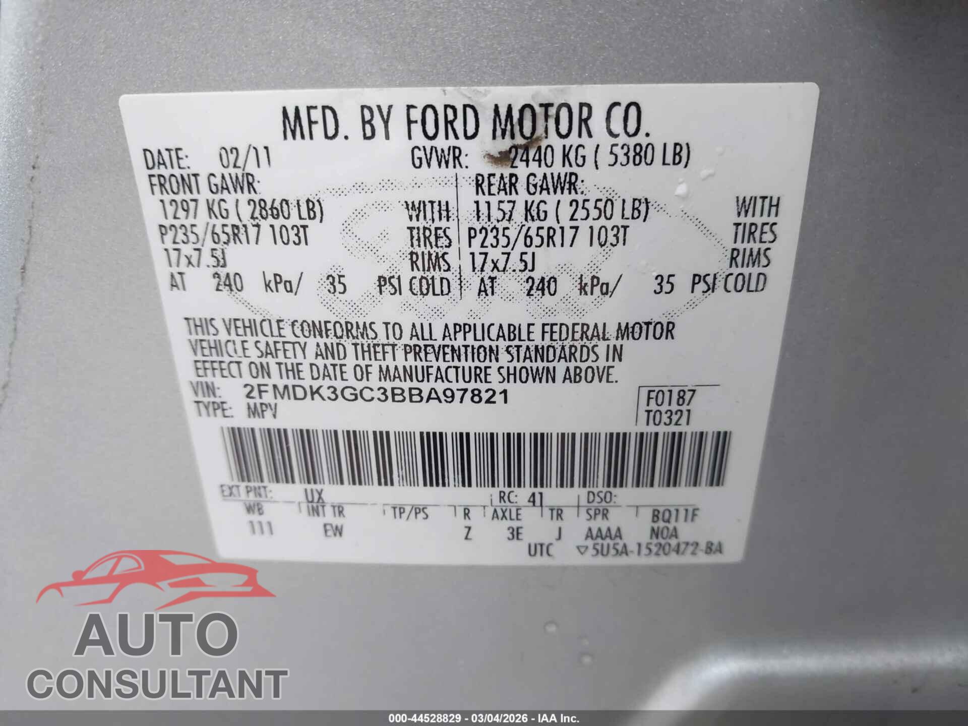 FORD EDGE 2011 - 2FMDK3GC3BBA97821
