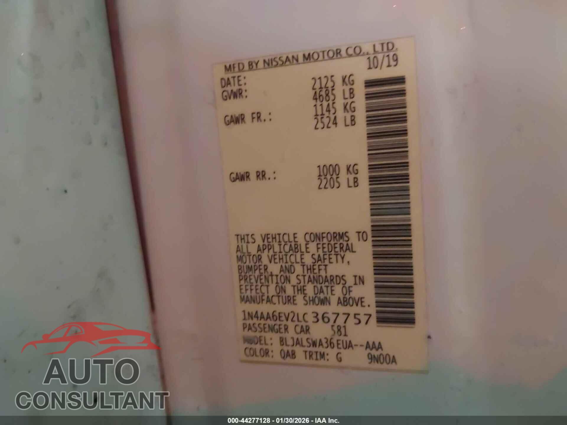 NISSAN MAXIMA 2020 - 1N4AA6EV2LC367757