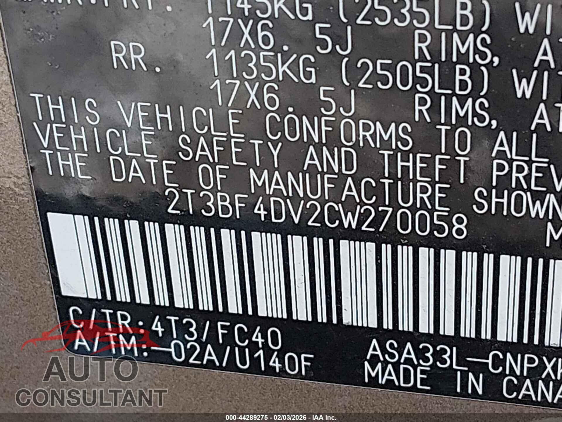 TOYOTA RAV4 2012 - 2T3BF4DV2CW270058