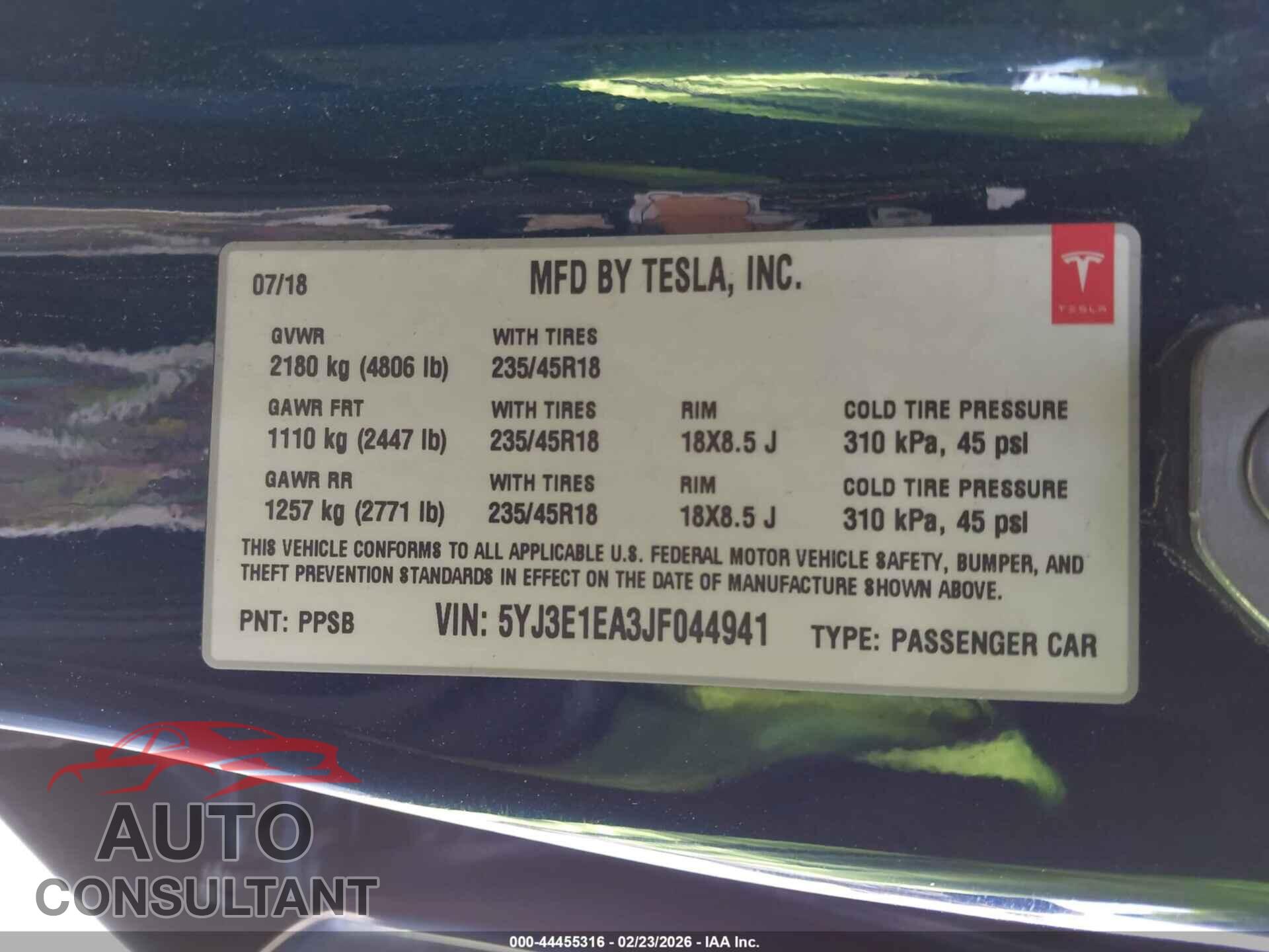 TESLA MODEL 3 2018 - 5YJ3E1EA3JF044941