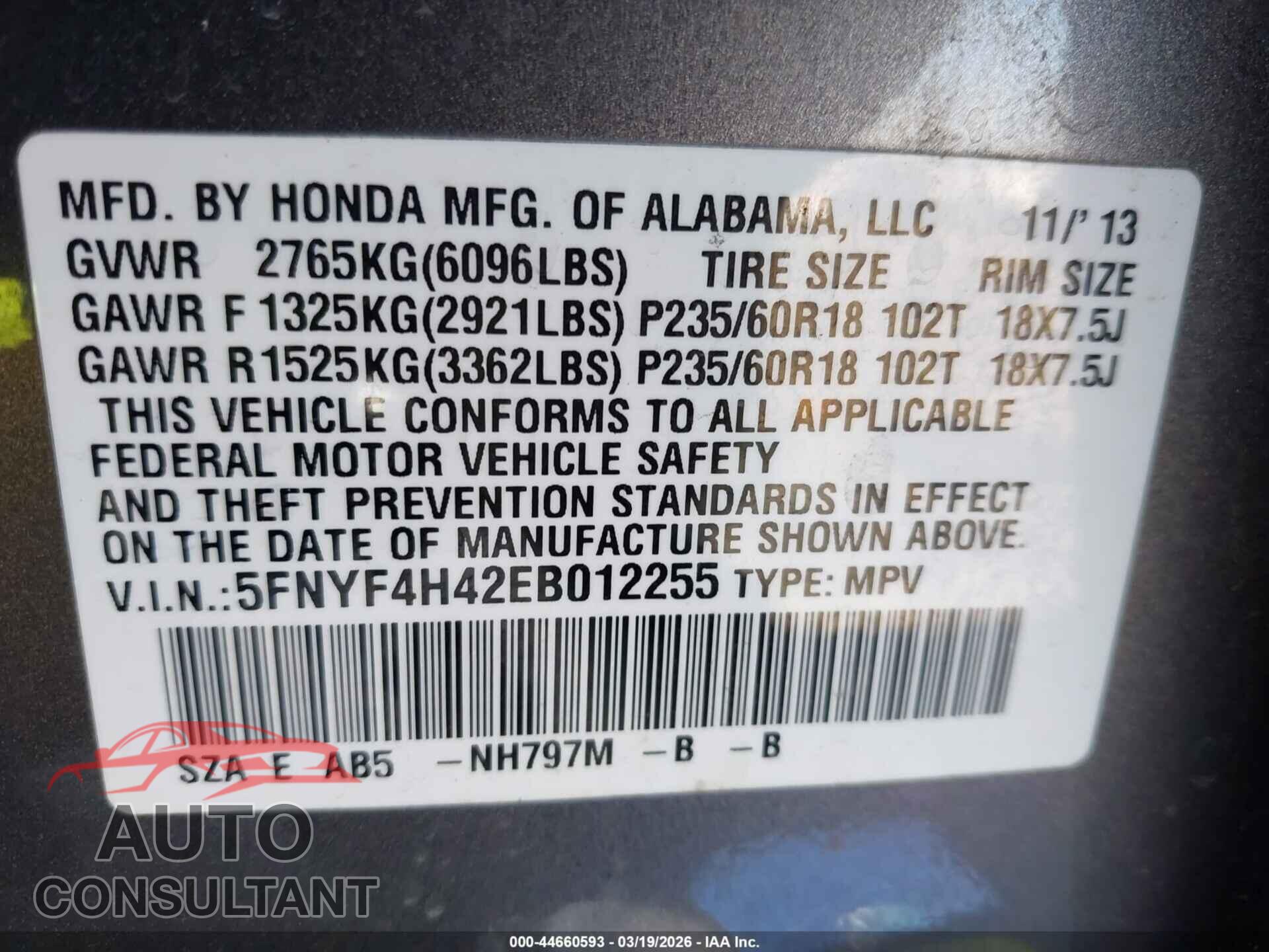 HONDA PILOT 2014 - 5FNYF4H42EB012255