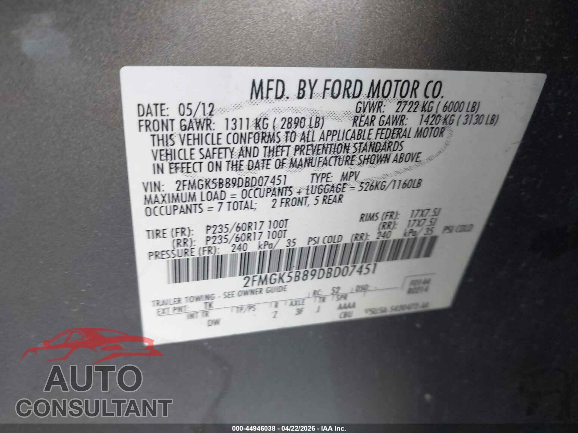 FORD FLEX 2013 - 2FMGK5B89DBD07451