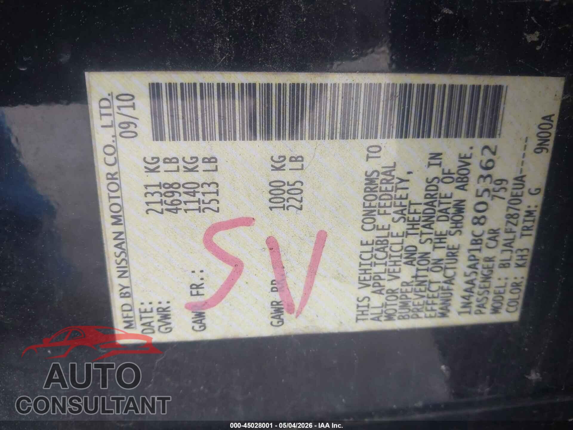 NISSAN MAXIMA 2011 - 1N4AA5AP1BC805362