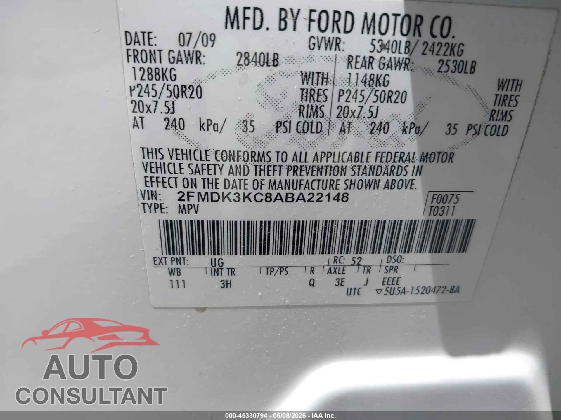 FORD EDGE 2010 - 2FMDK3KC8ABA22148