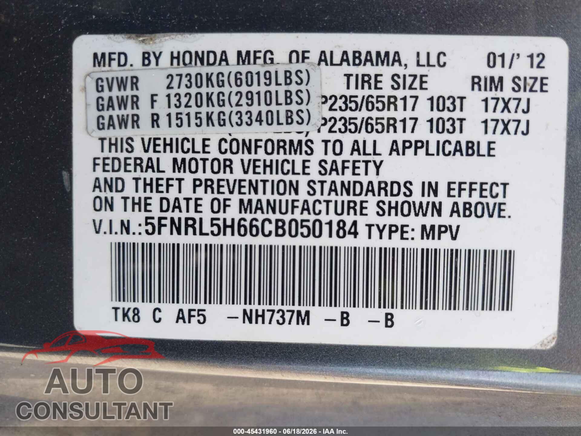 HONDA ODYSSEY 2012 - 5FNRL5H66CB050184