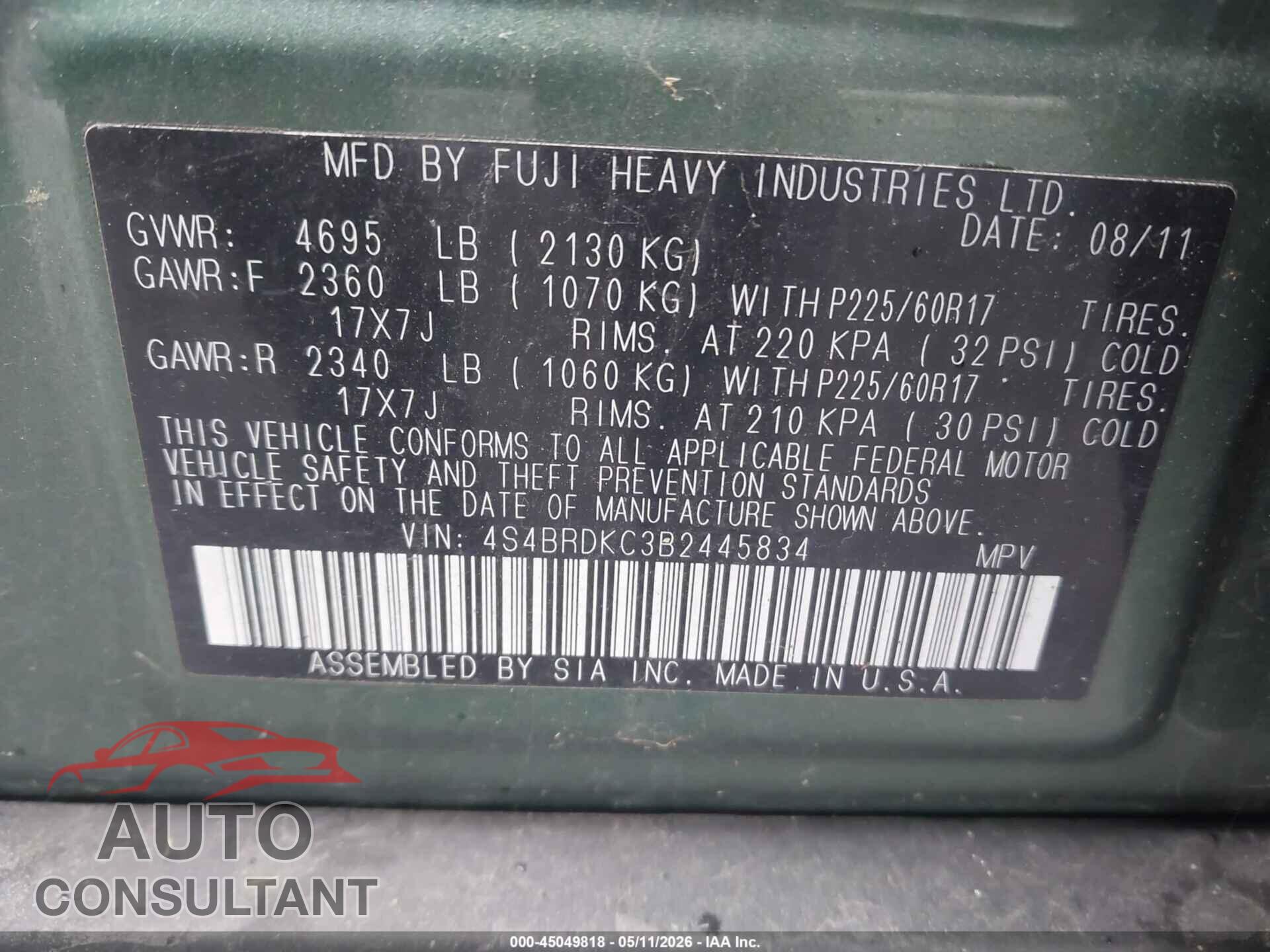 SUBARU OUTBACK 2011 - 4S4BRDKC3B2445834