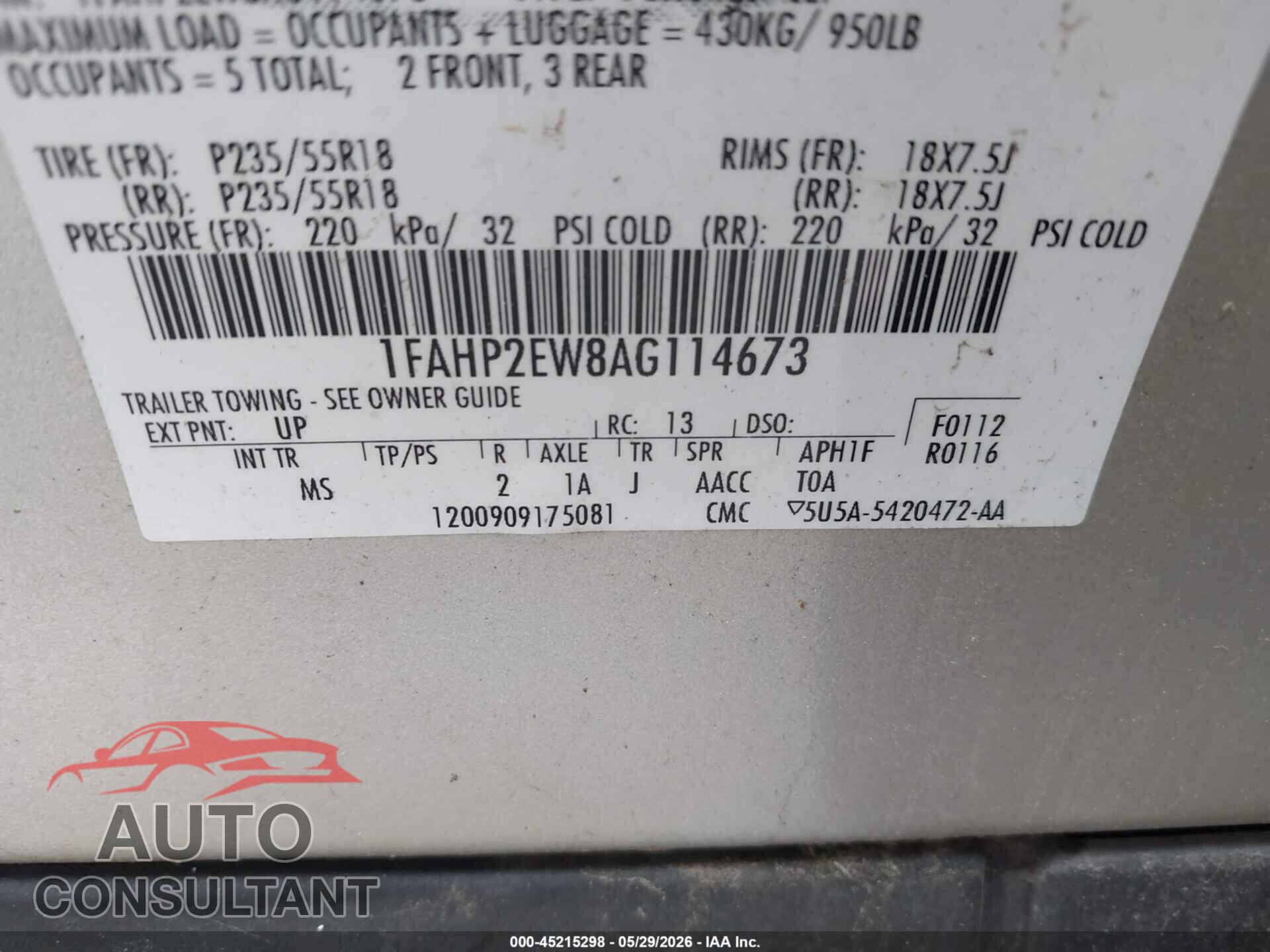 FORD TAURUS 2010 - 1FAHP2EW8AG114673