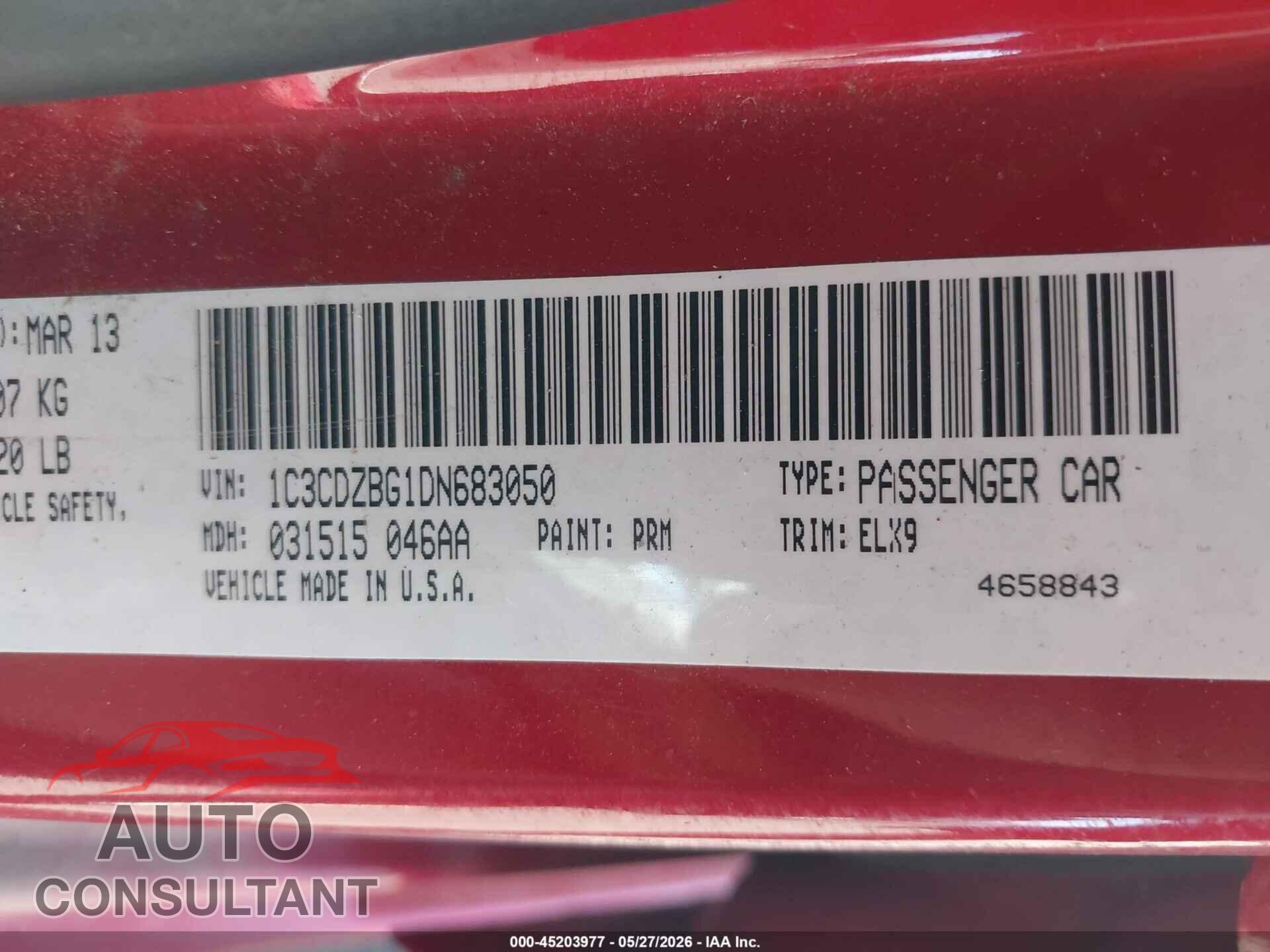 DODGE AVENGER 2013 - 1C3CDZBG1DN683050