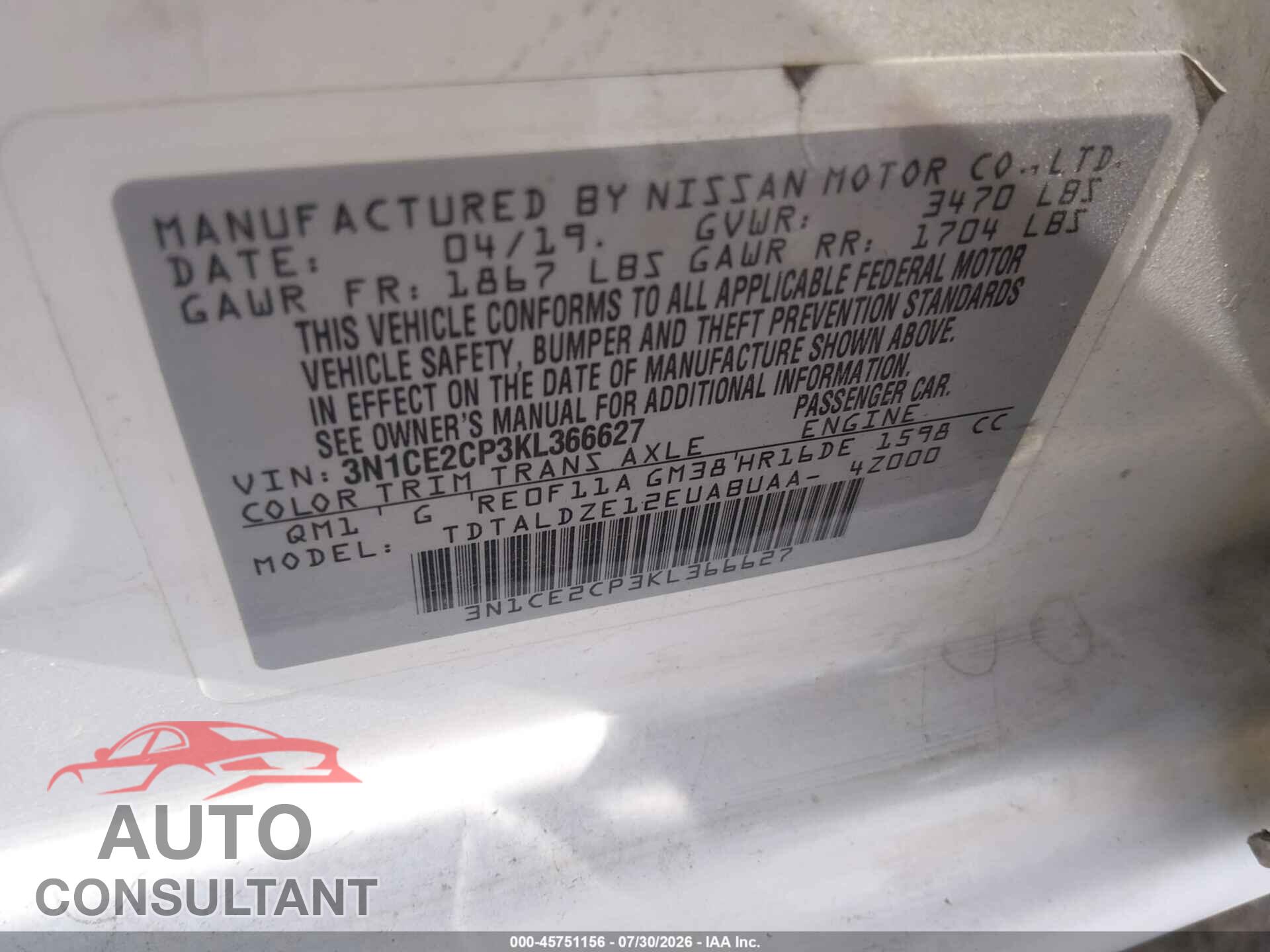 NISSAN VERSA NOTE 2019 - 3N1CE2CP3KL366627