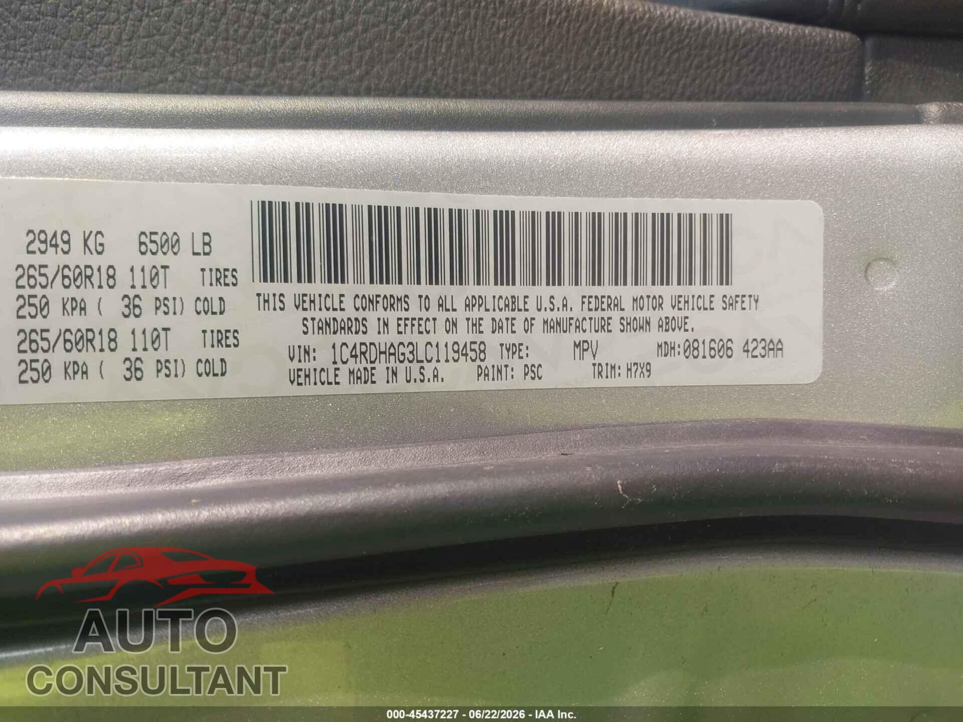 DODGE DURANGO 2020 - 1C4RDHAG3LC119458