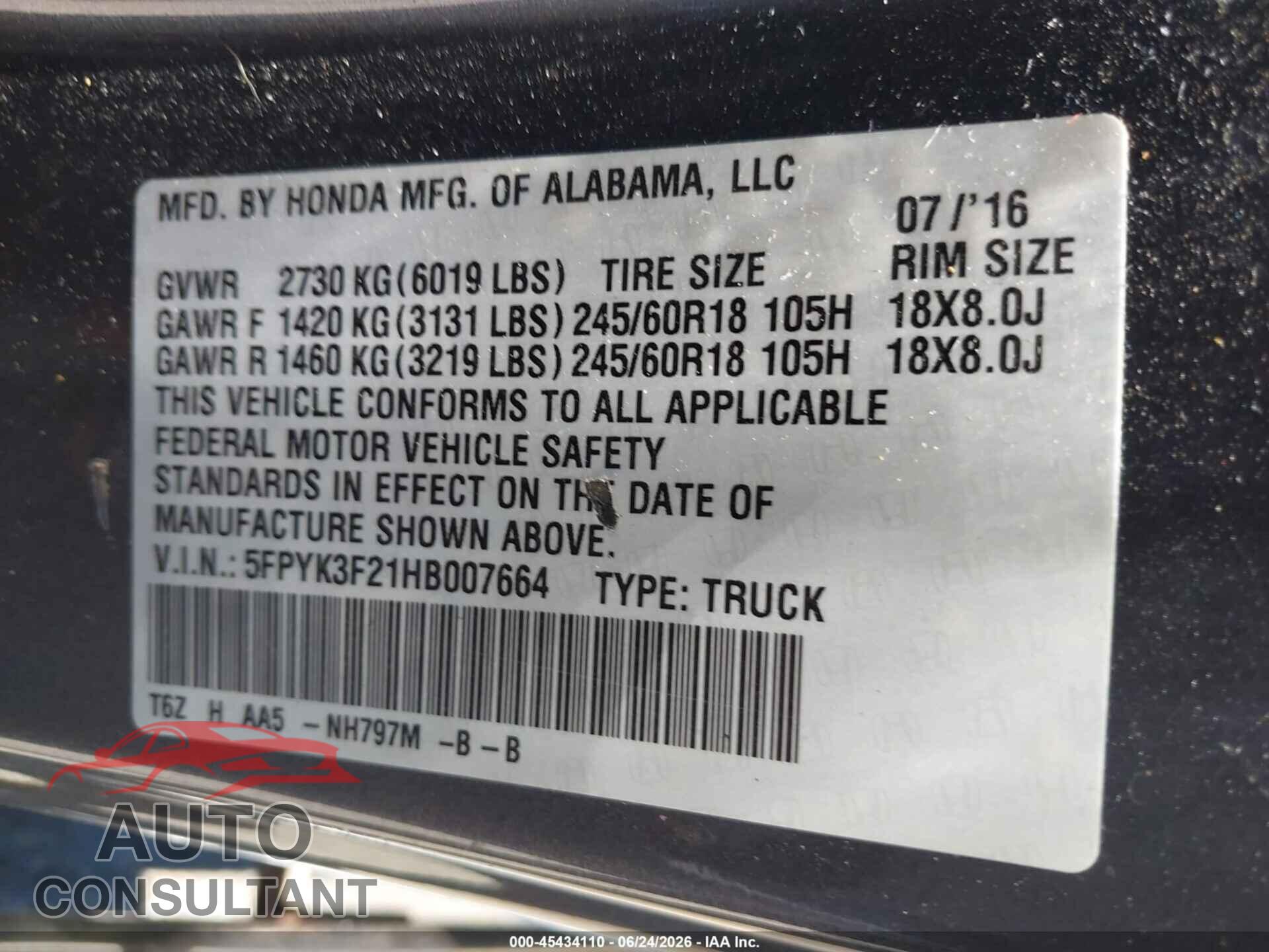 HONDA RIDGELINE 2017 - 5FPYK3F21HB007664