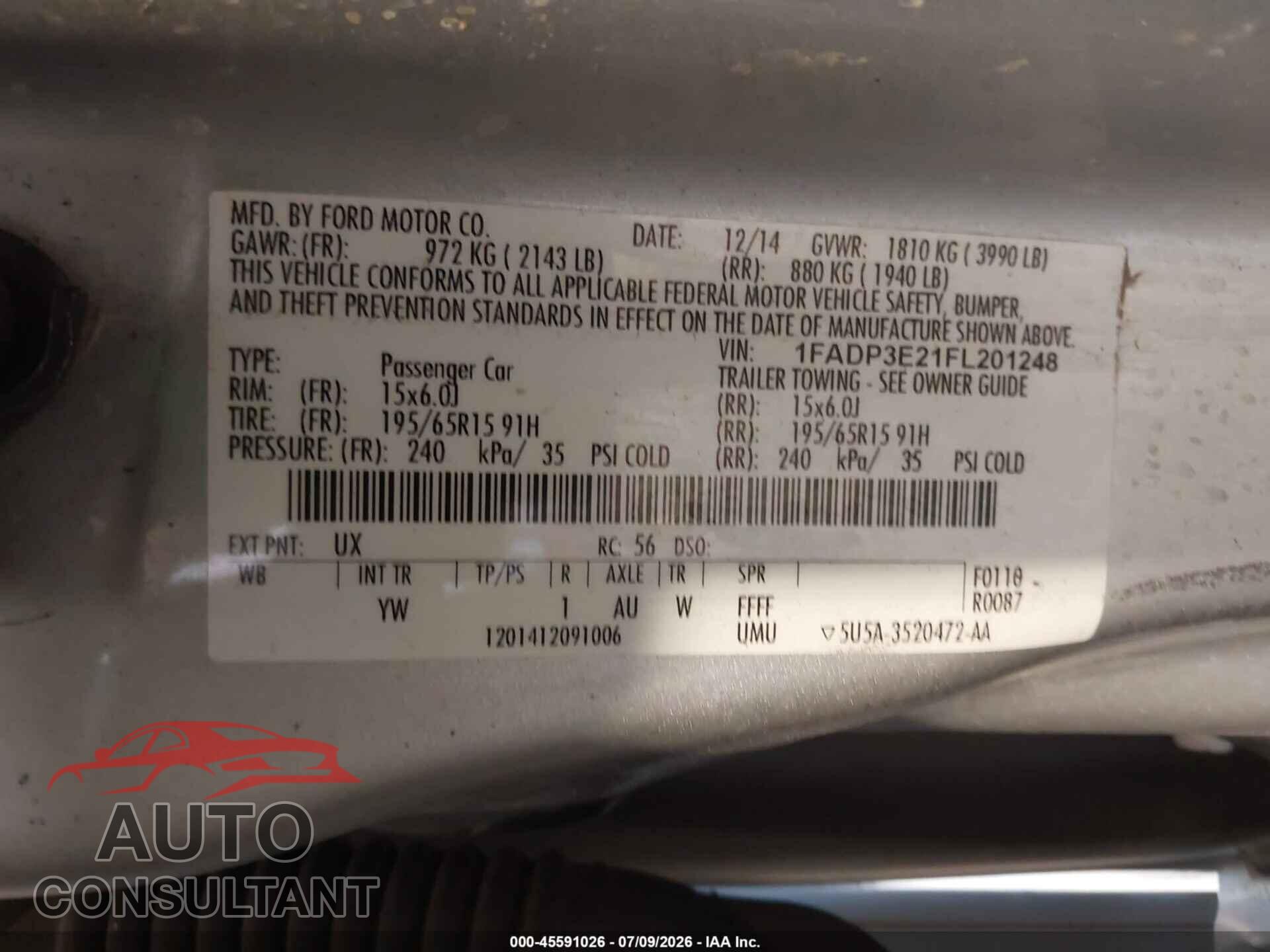 FORD FOCUS 2015 - 1FADP3E21FL201248