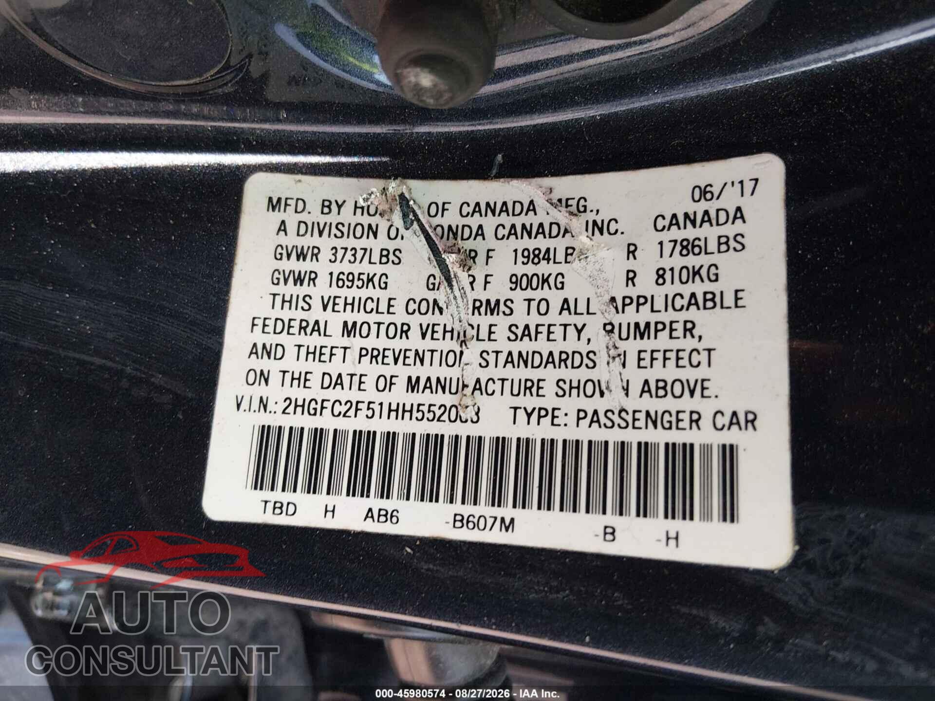 HONDA CIVIC 2017 - 2HGFC2F51HH552003