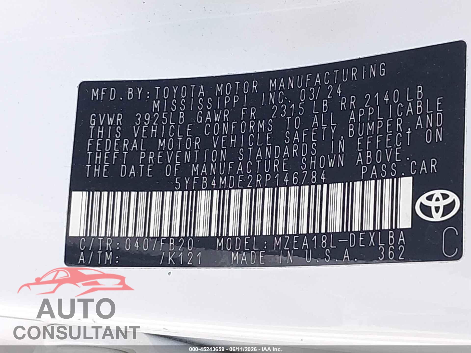TOYOTA COROLLA 2024 - 5YFB4MDE2RP146784