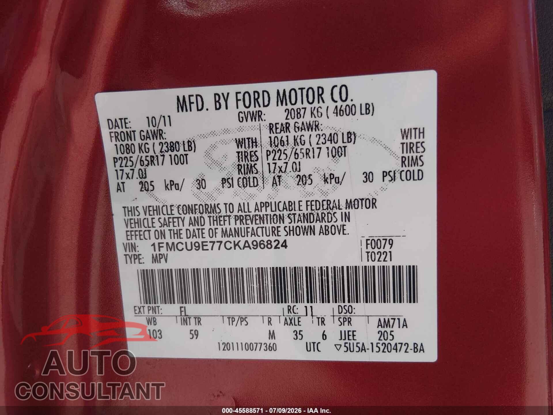 FORD ESCAPE 2012 - 1FMCU9E77CKA96824