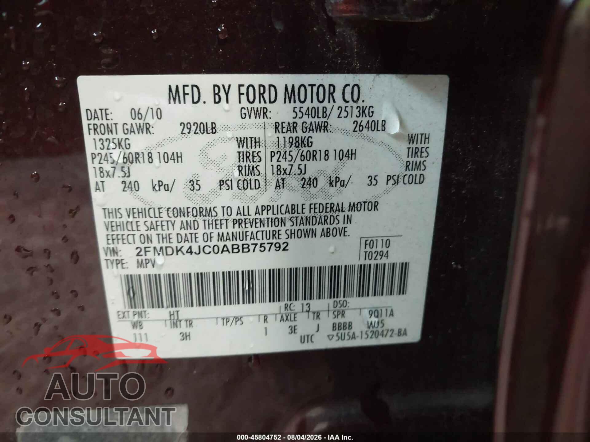 FORD EDGE 2010 - 2FMDK4JC0ABB75792