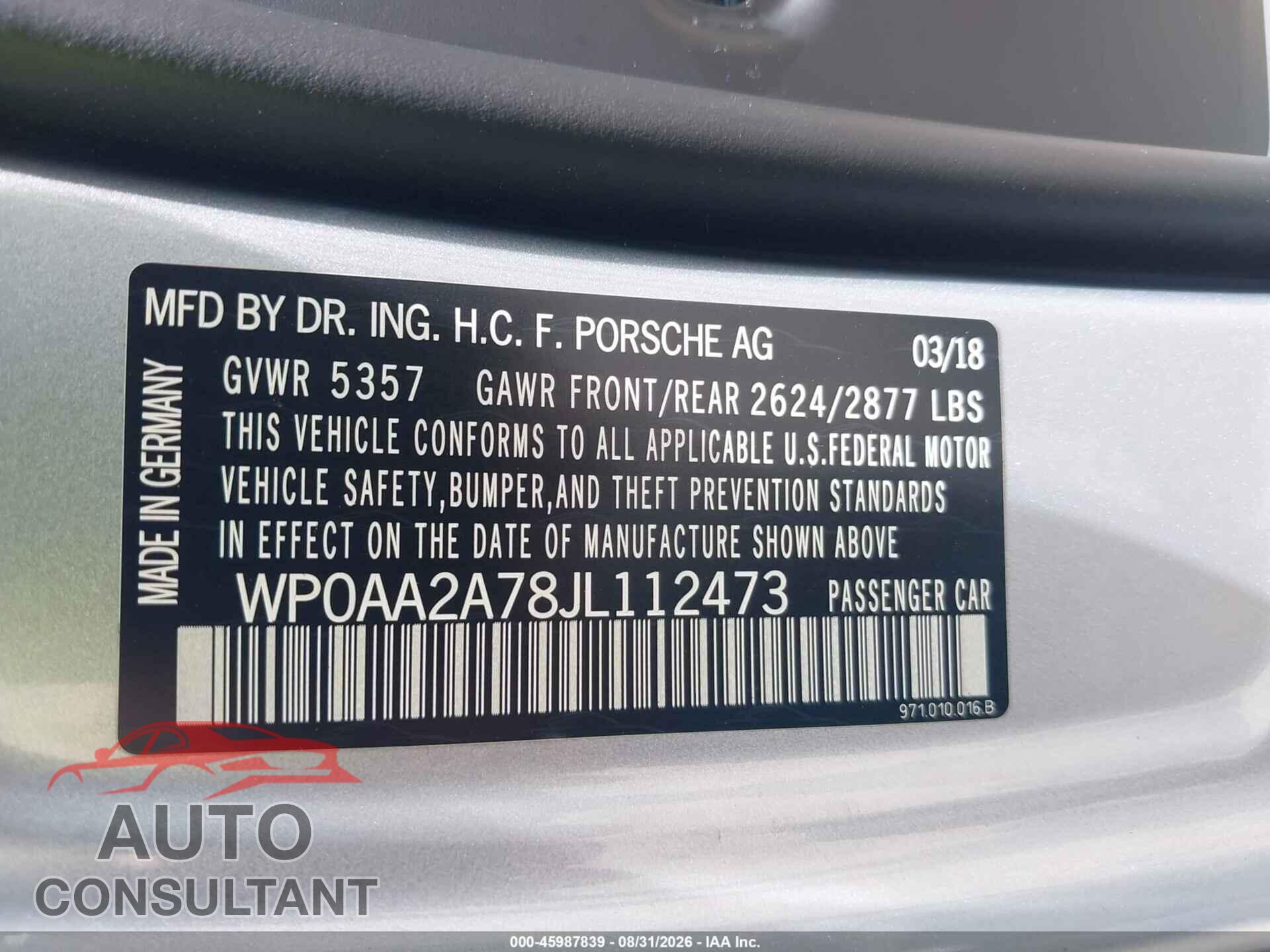 PORSCHE PANAMERA 2018 - WP0AA2A78JL112473