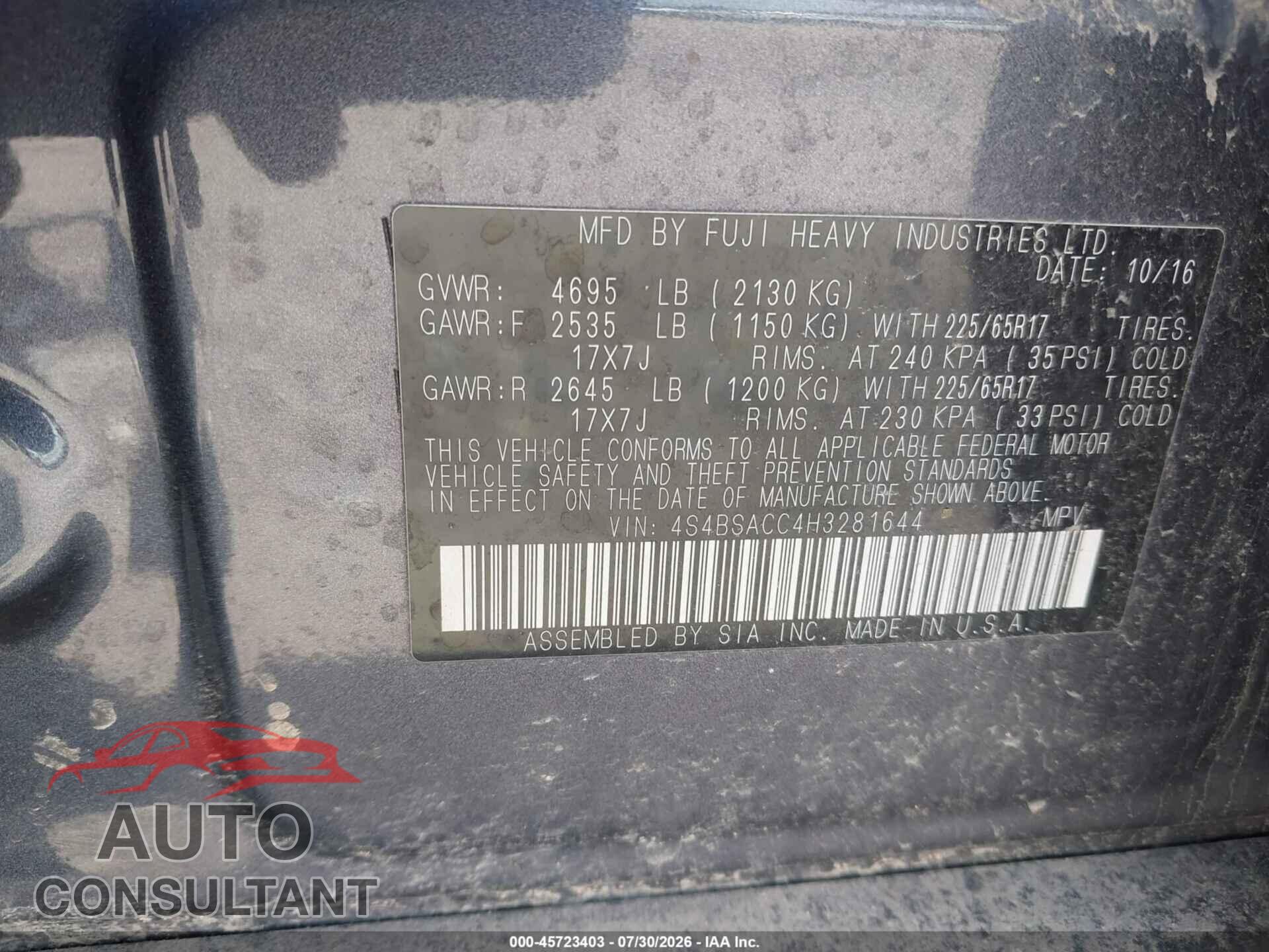 SUBARU OUTBACK 2017 - 4S4BSACC4H3281644