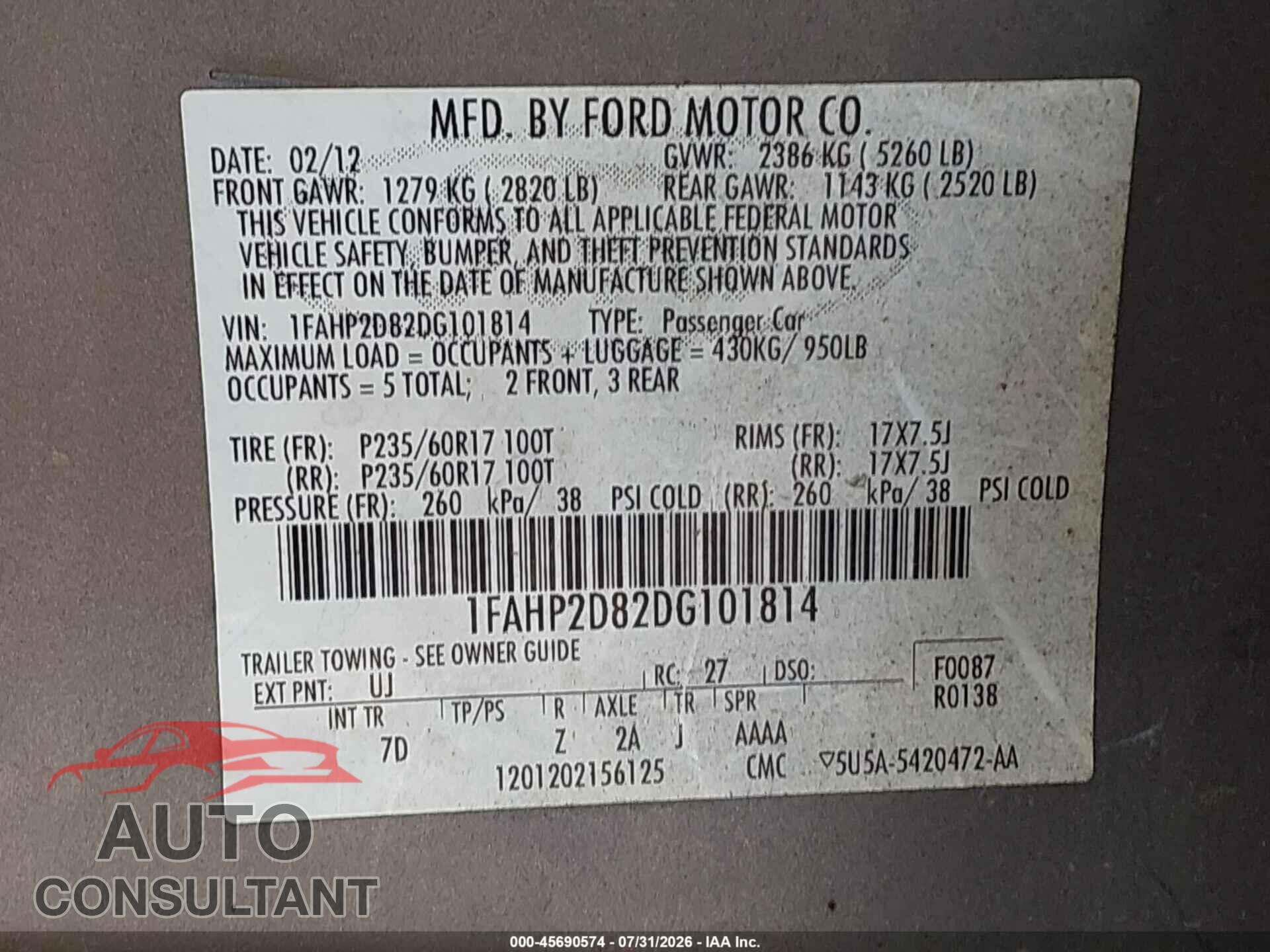 FORD TAURUS 2013 - 1FAHP2D82DG101814