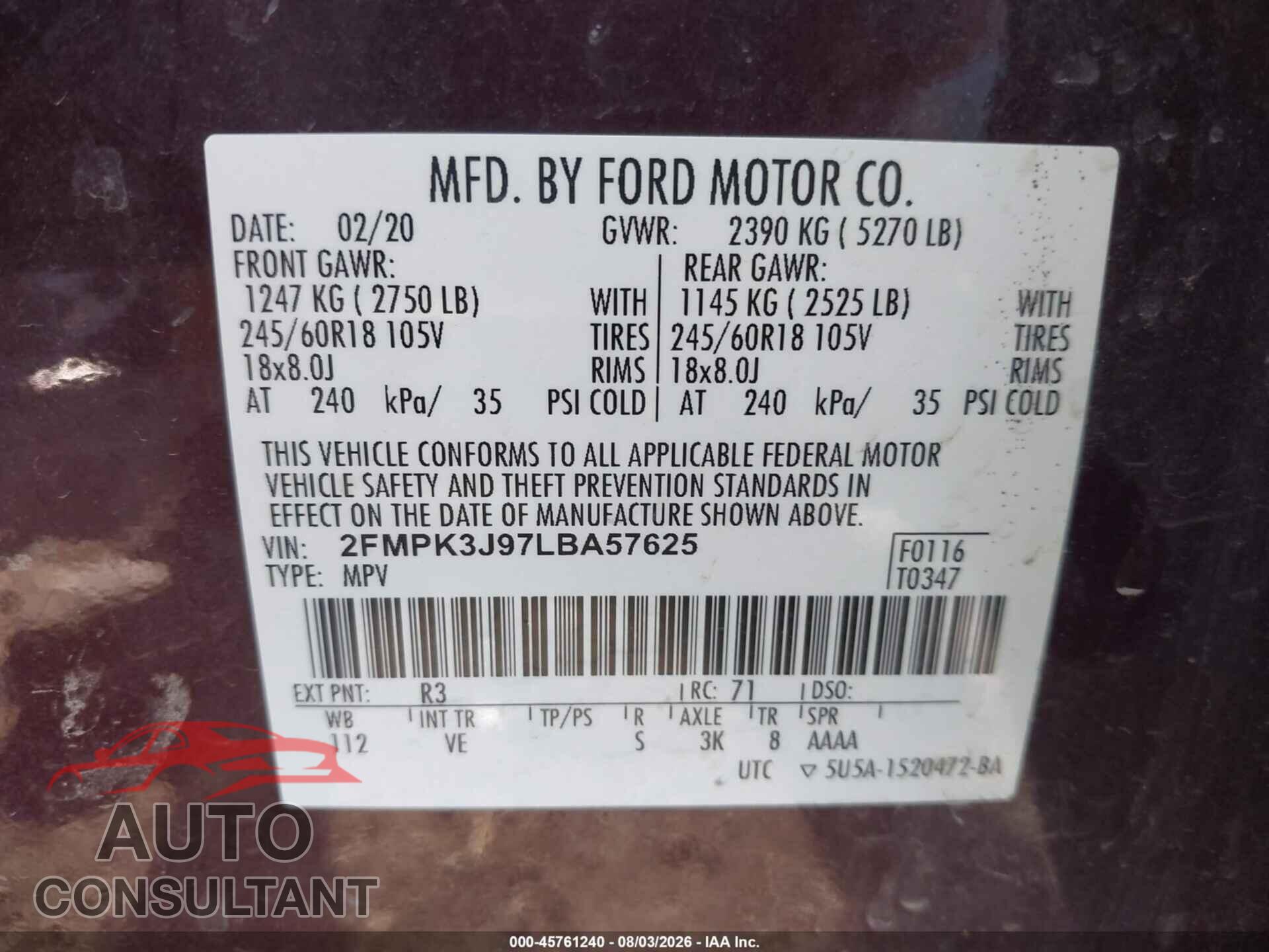 FORD EDGE 2020 - 2FMPK3J97LBA57625