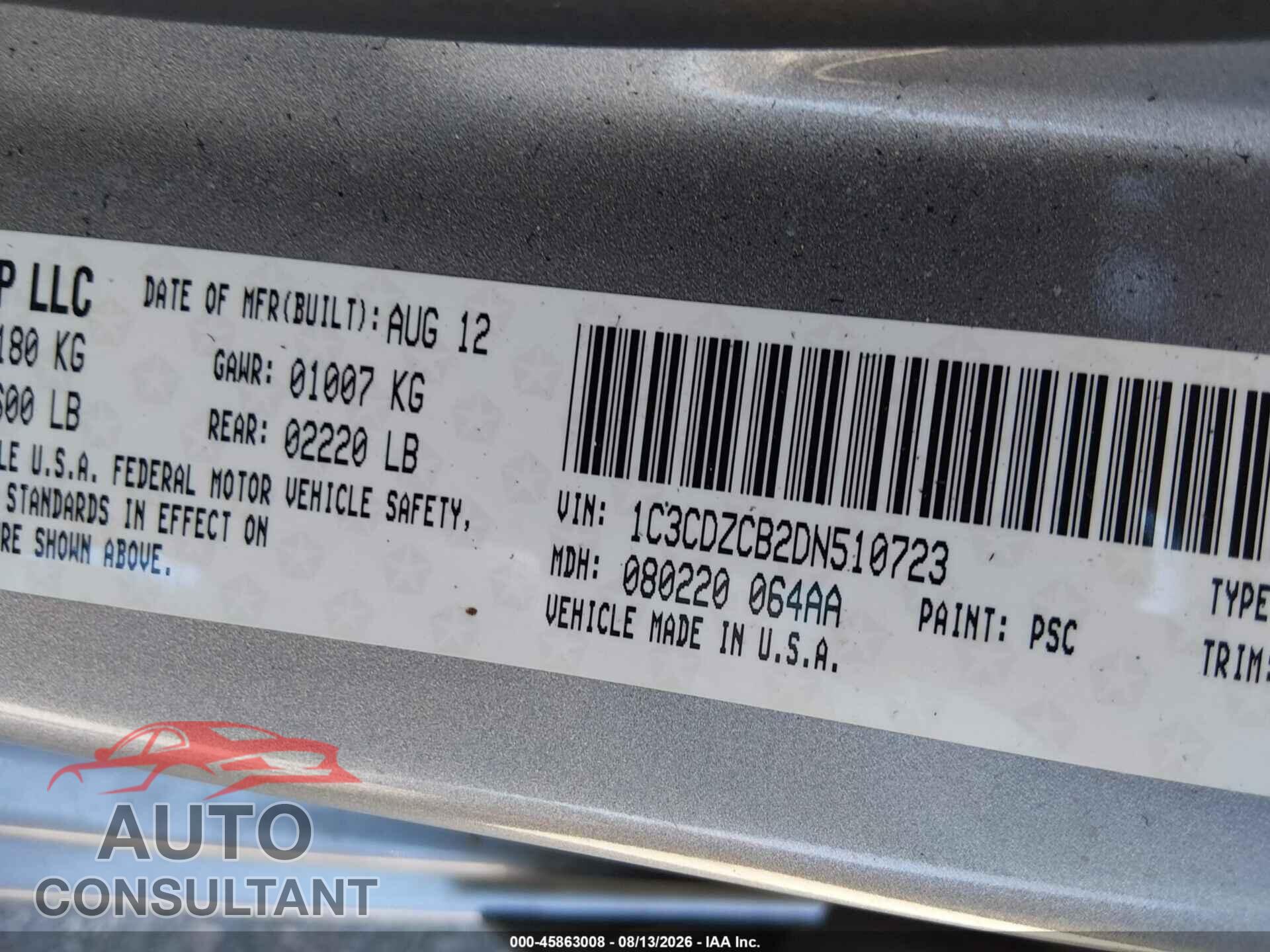 DODGE AVENGER 2013 - 1C3CDZCB2DN510723