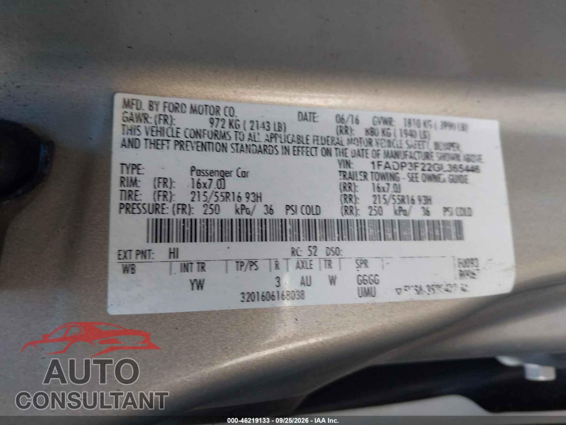 FORD FOCUS 2016 - 1FADP3F22GL365446