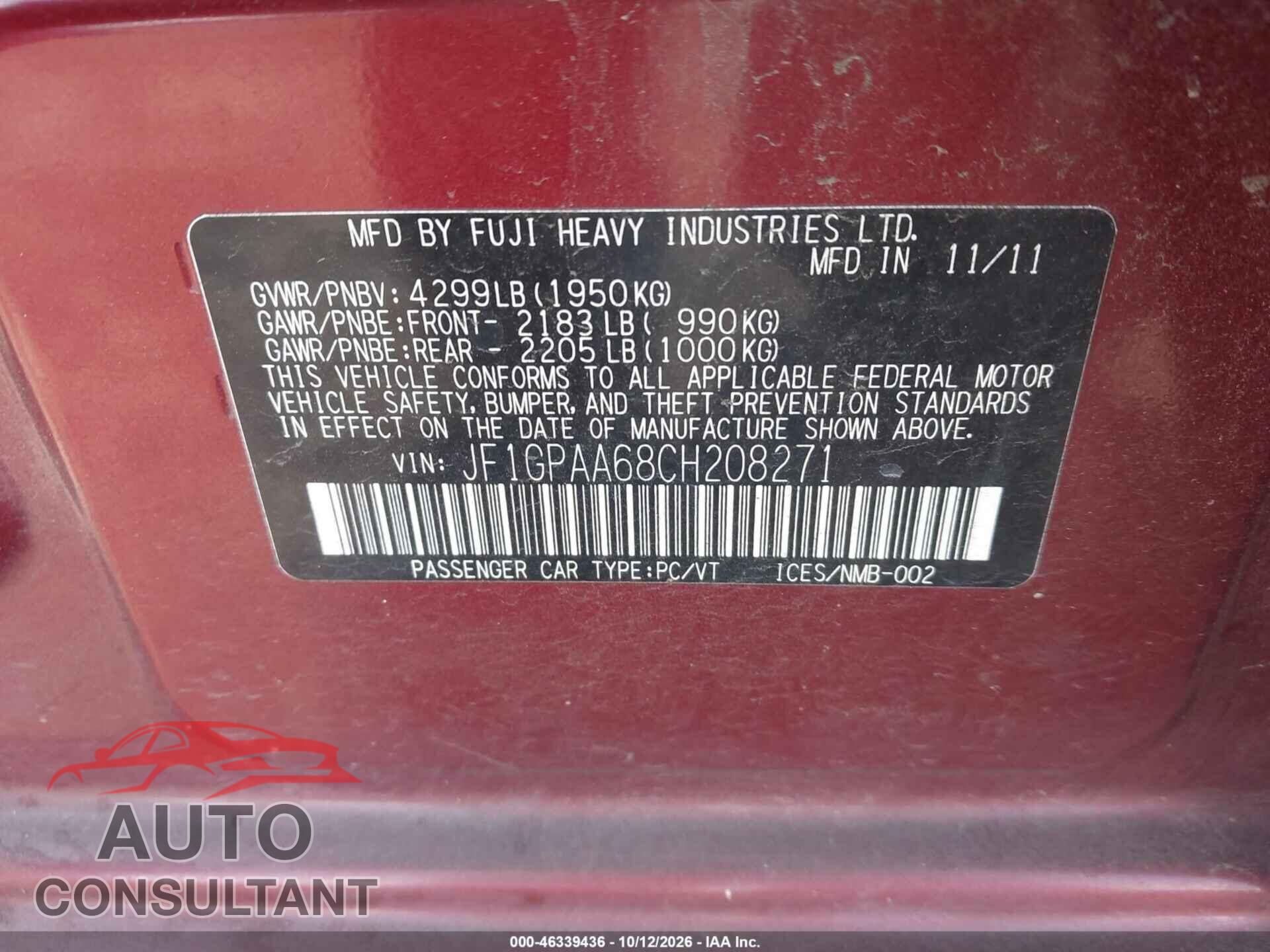 SUBARU IMPREZA 2012 - JF1GPAA68CH208271
