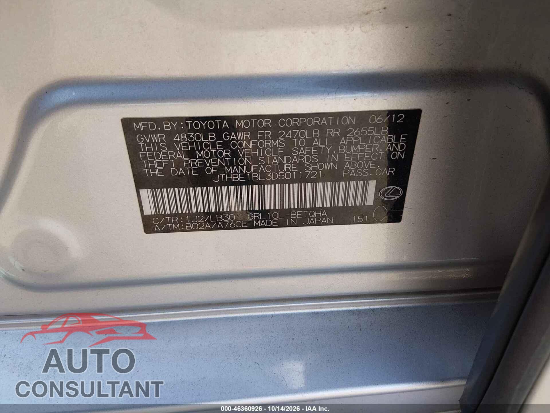 LEXUS GS 350 2013 - JTHBE1BL3D5011721