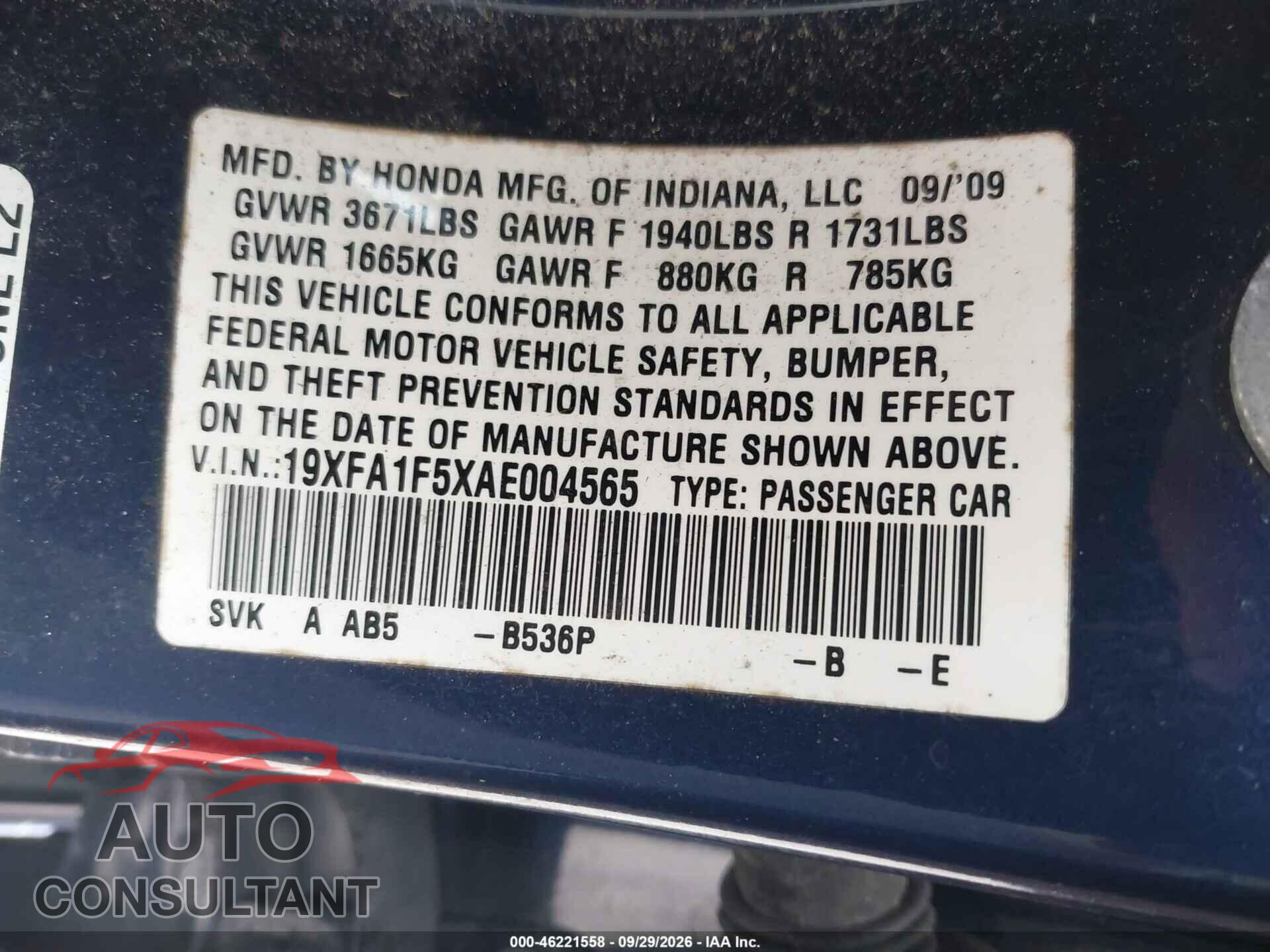 HONDA CIVIC 2010 - 19XFA1F5XAE004565