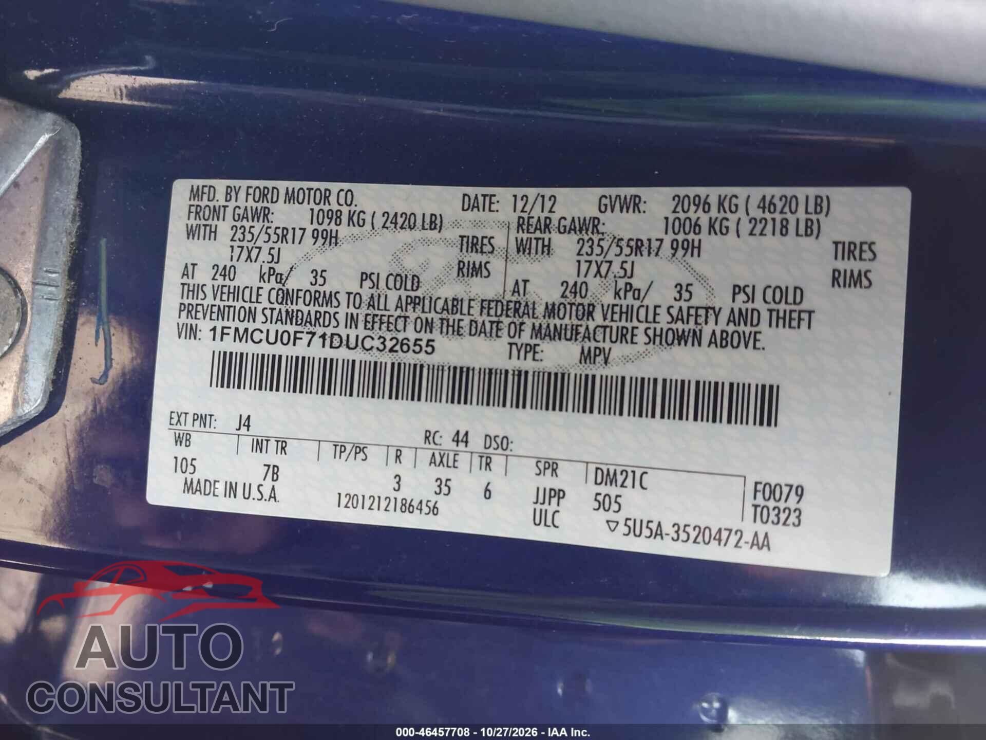 FORD ESCAPE 2013 - 1FMCU0F71DUC32655