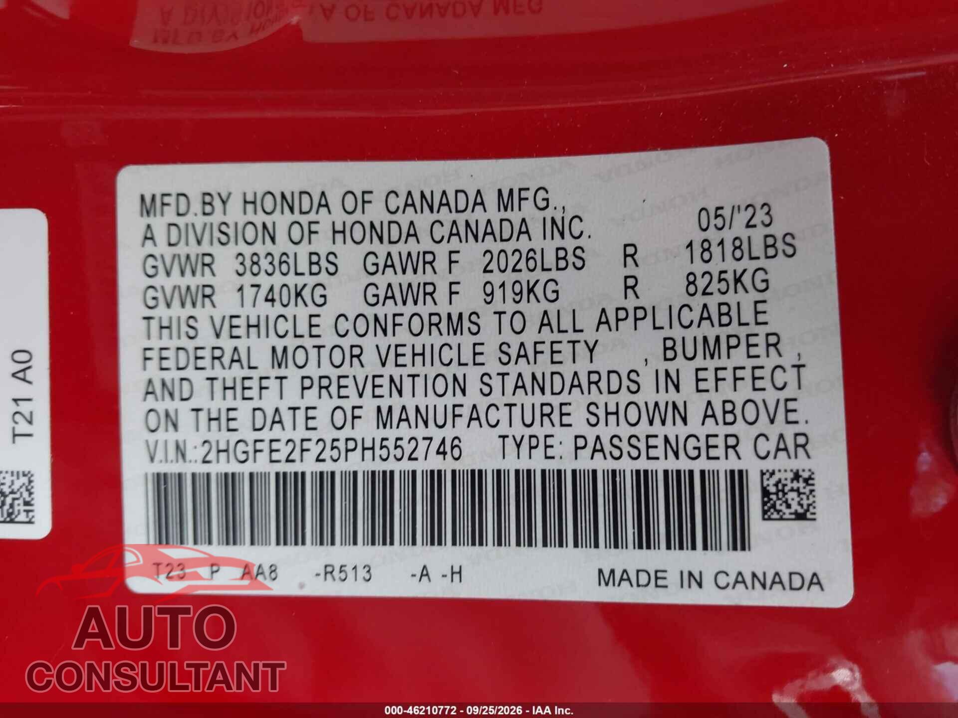 HONDA CIVIC 2023 - 2HGFE2F25PH552746