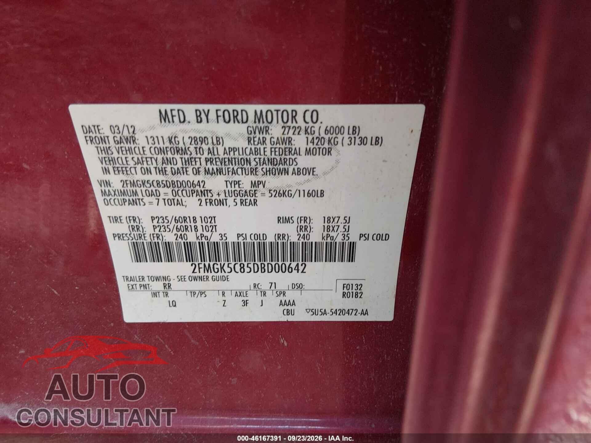 FORD FLEX 2013 - 2FMGK5C85DBD00642