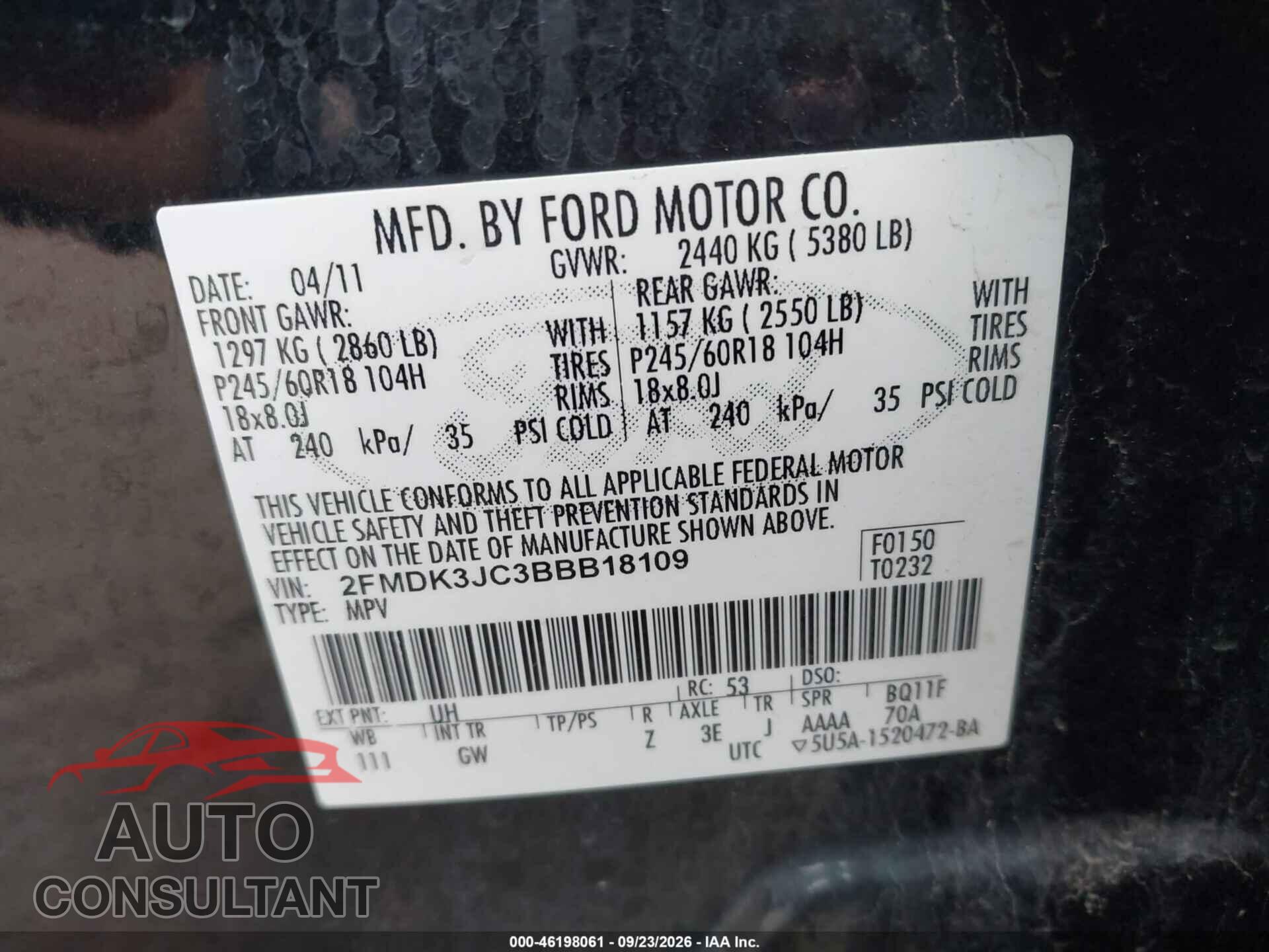 FORD EDGE 2011 - 2FMDK3JC3BBB18109