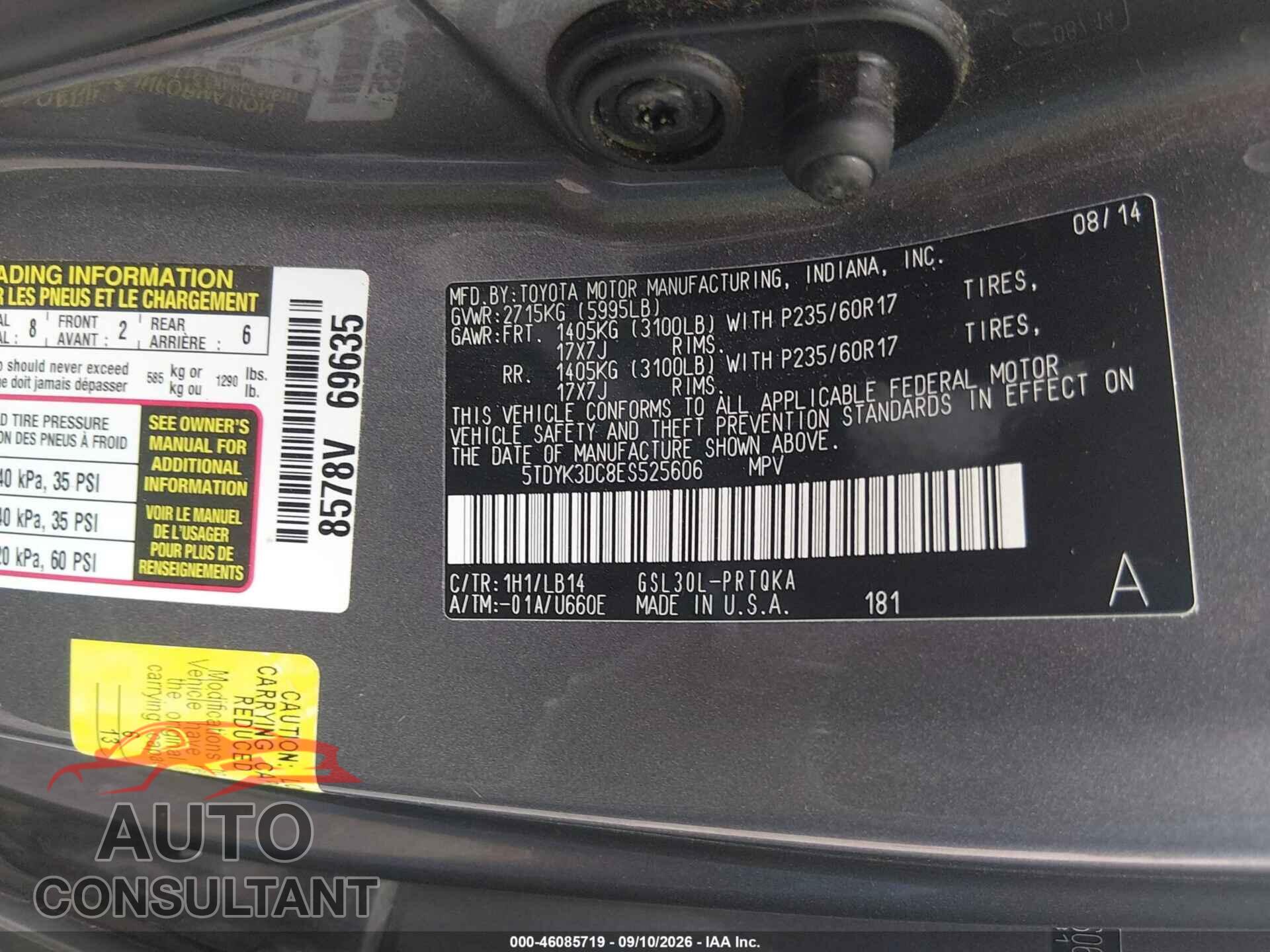 TOYOTA SIENNA 2014 - 5TDYK3DC8ES525606