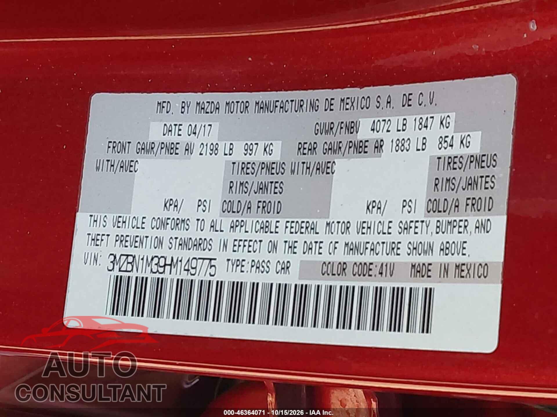 MAZDA MAZDA3 2017 - 3MZBN1M39HM149775