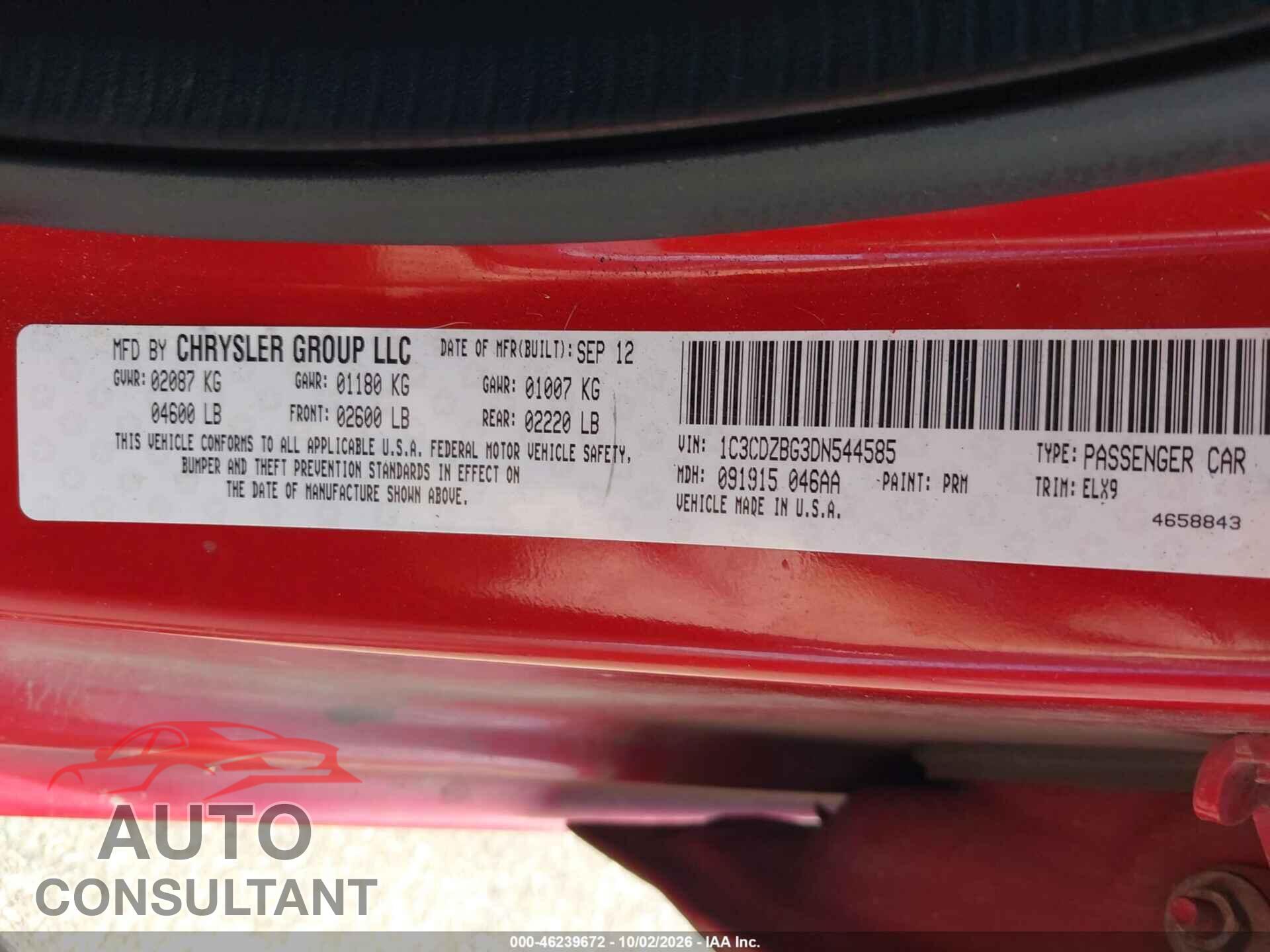 DODGE AVENGER 2013 - 1C3CDZBG3DN544585